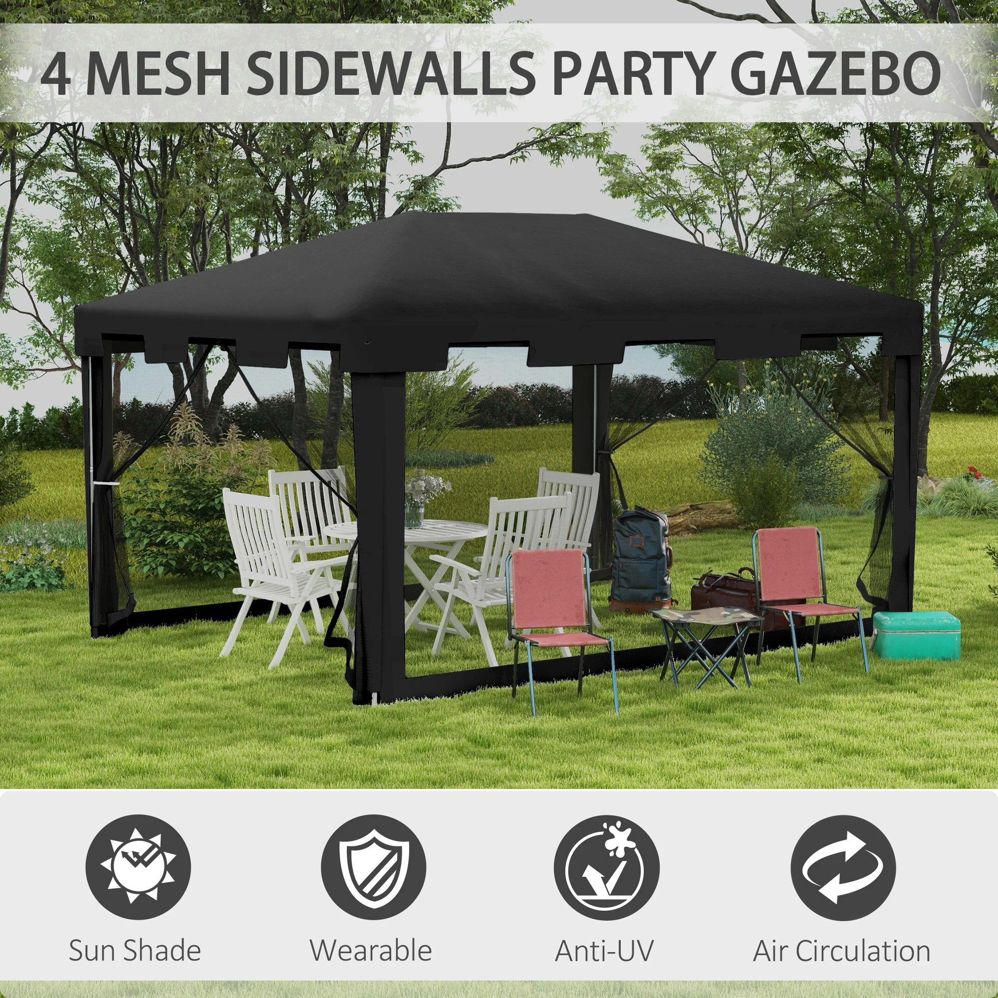 4 x 3 m Gazebo Canopy Party Tent with Mesh Sidewalls for Outdoor Event, Dark Grey - Image 6