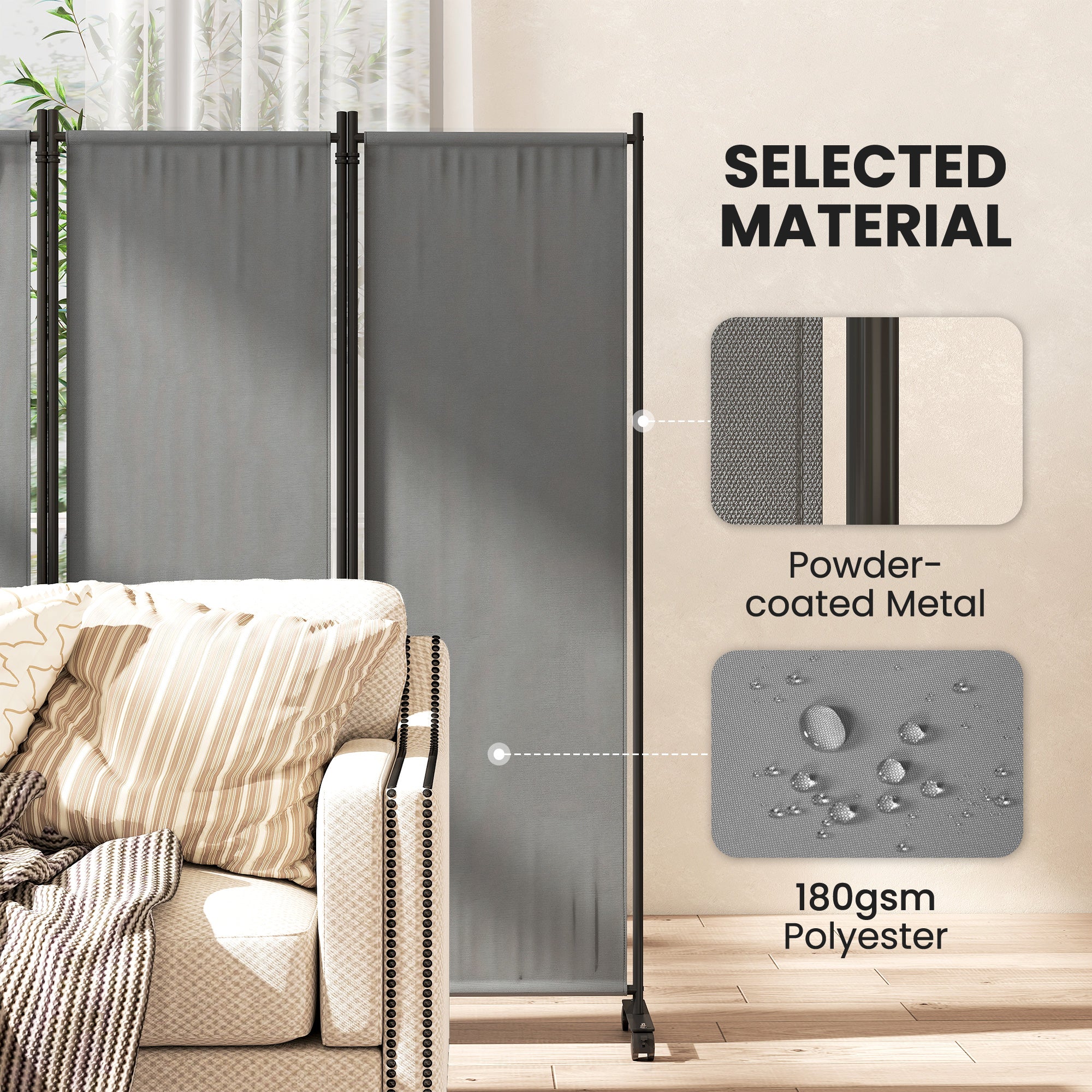 4 Panel Folding Room Divider with Lockable Wheels, Dark Grey - Image 10