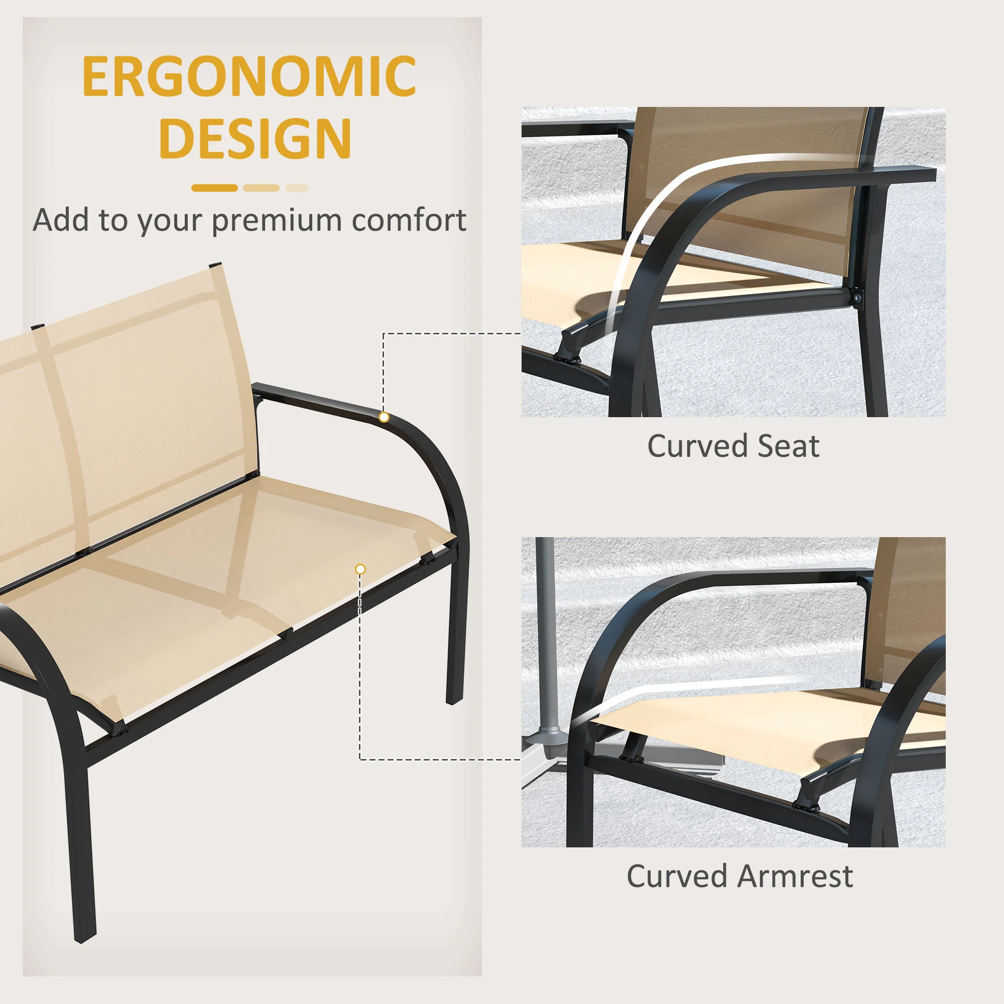 4 Pcs Curved Steel Outdoor Furniture Set w/ Loveseat, 2 Texteline Seats & Table, Beige - Image 7