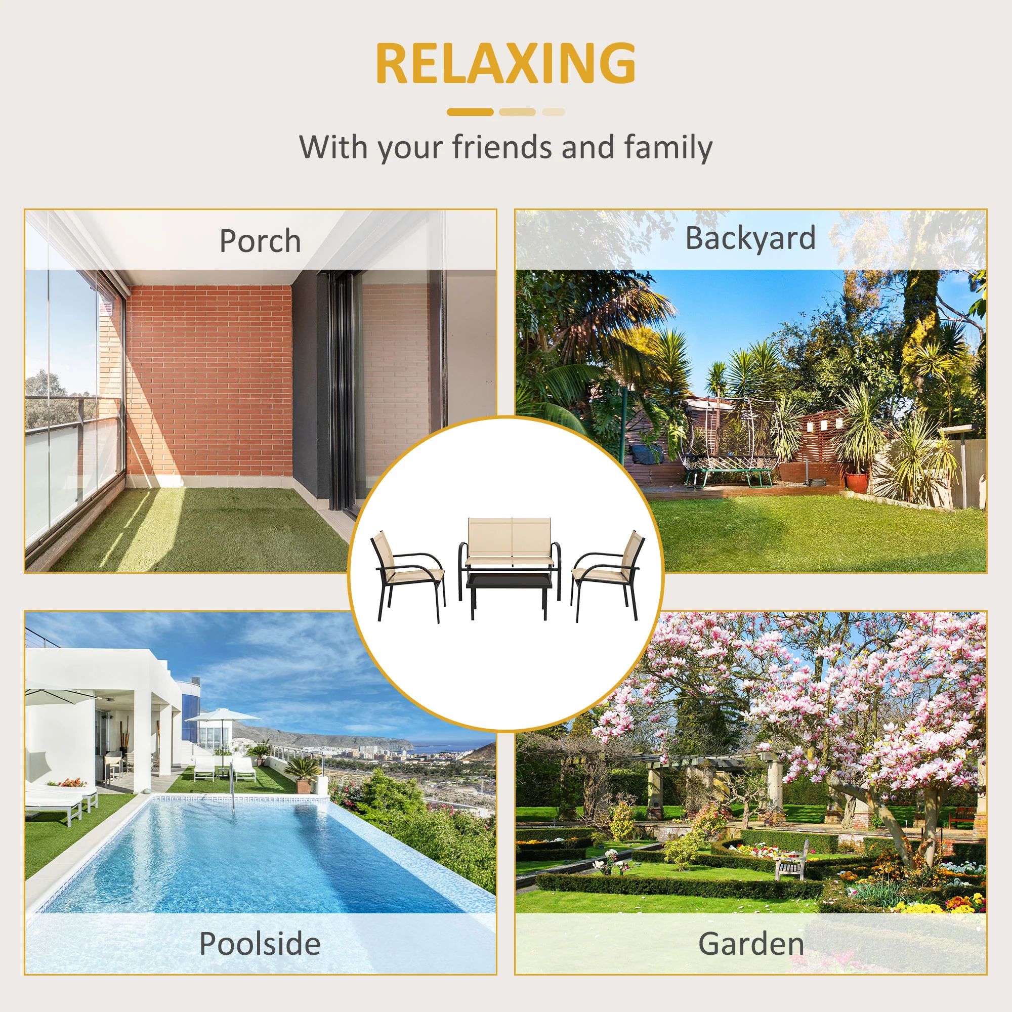 4 Pcs Curved Steel Outdoor Furniture Set w/ Loveseat, 2 Texteline Seats & Table, Beige - Image 9