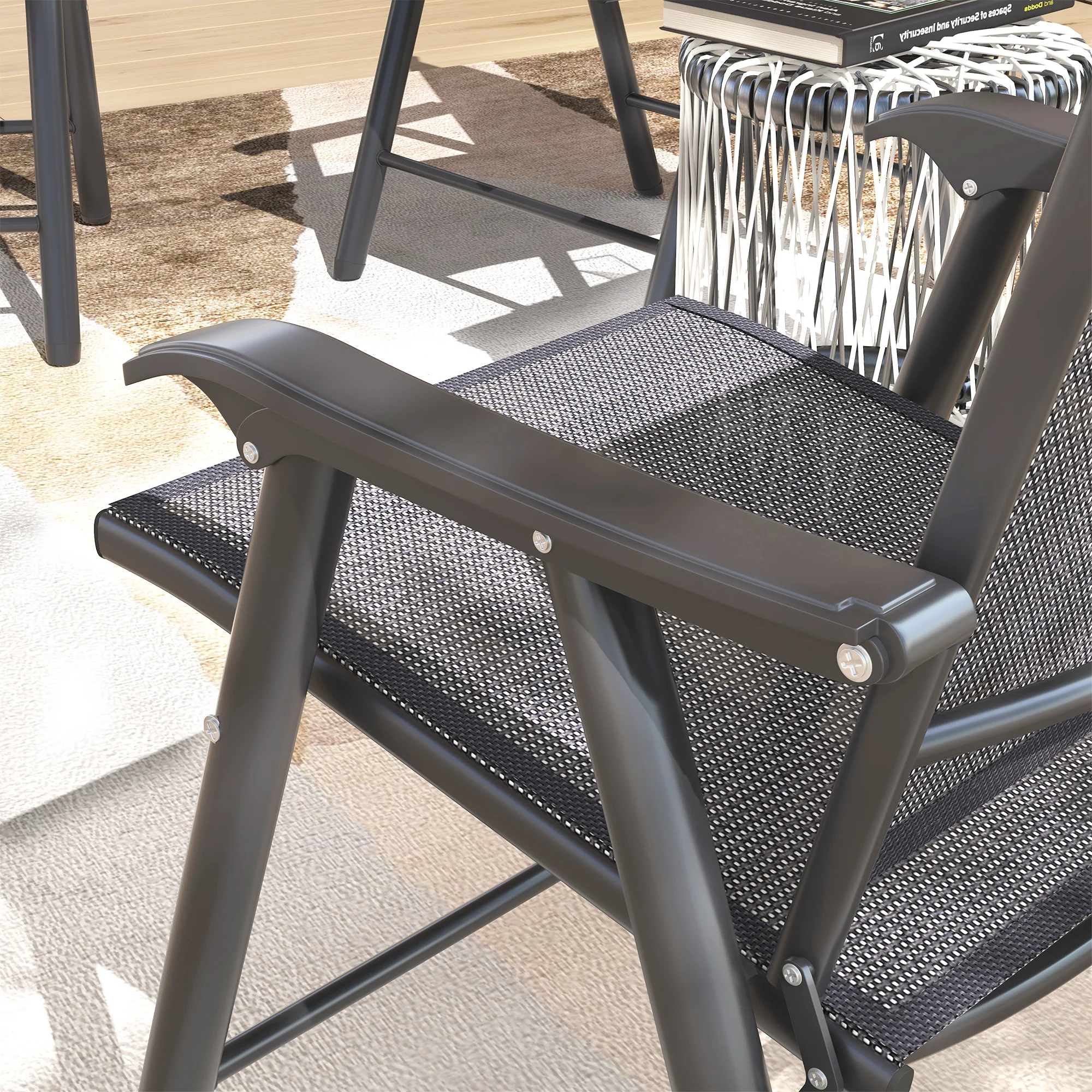 4-Piece Folding Chair Set, Outdoor Furniture Set with Mesh Fabric & Armrests, Dark Grey - Image 11