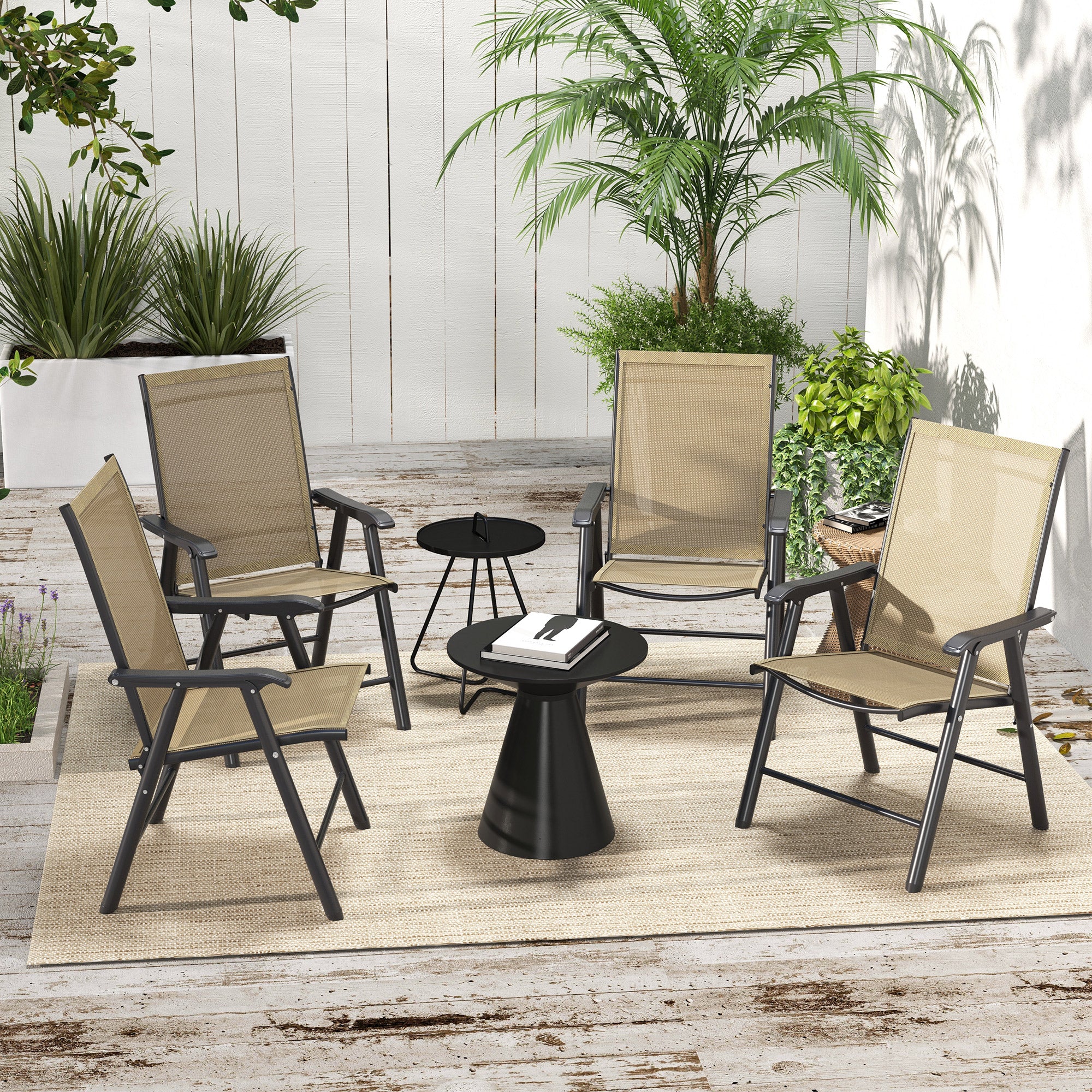 4-Piece Folding Chair Set, Outdoor Furniture Set with Mesh Fabric & Armrests, Brown - Image 3