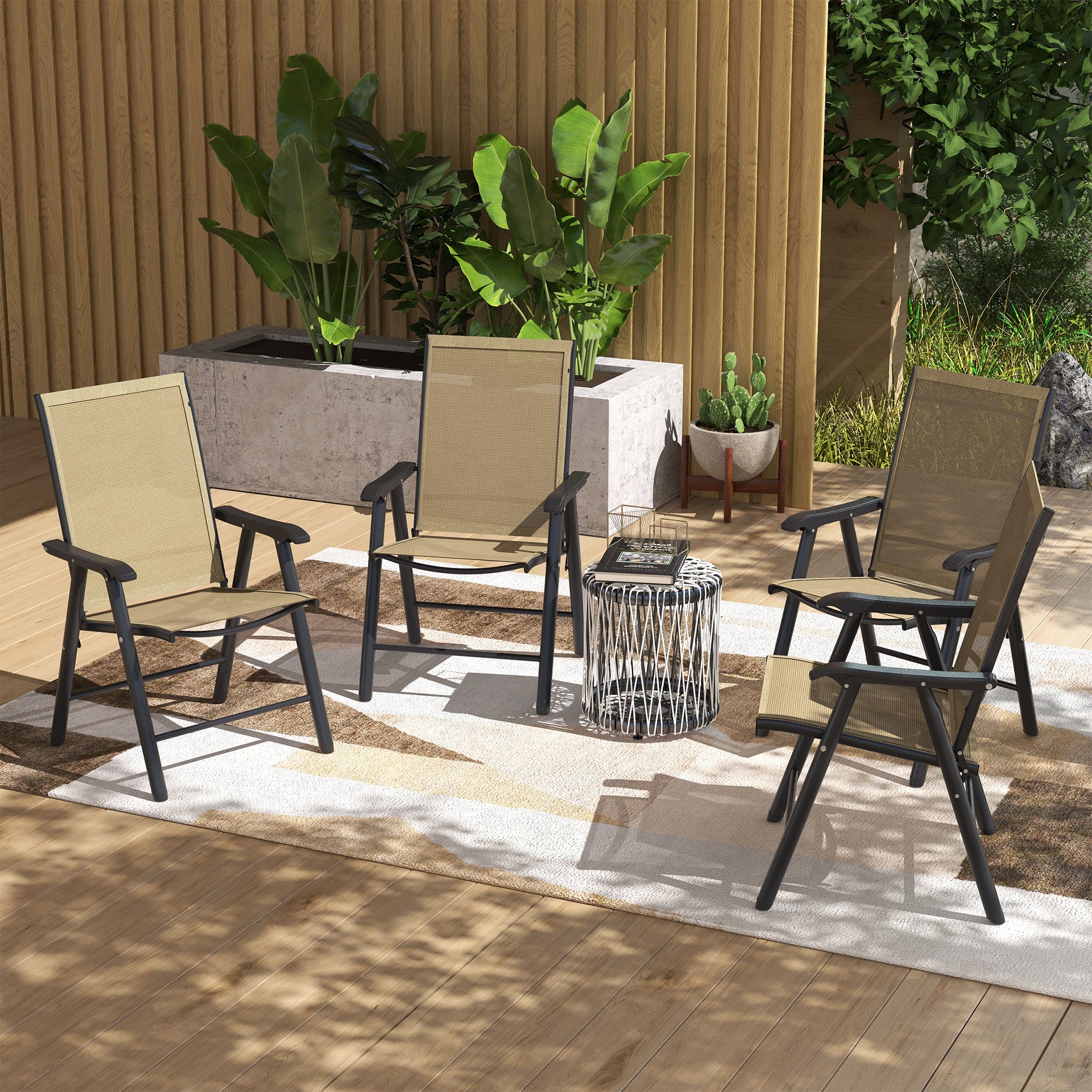 4-Piece Folding Chair Set, Outdoor Furniture Set with Mesh Fabric & Armrests, Brown - Image 4