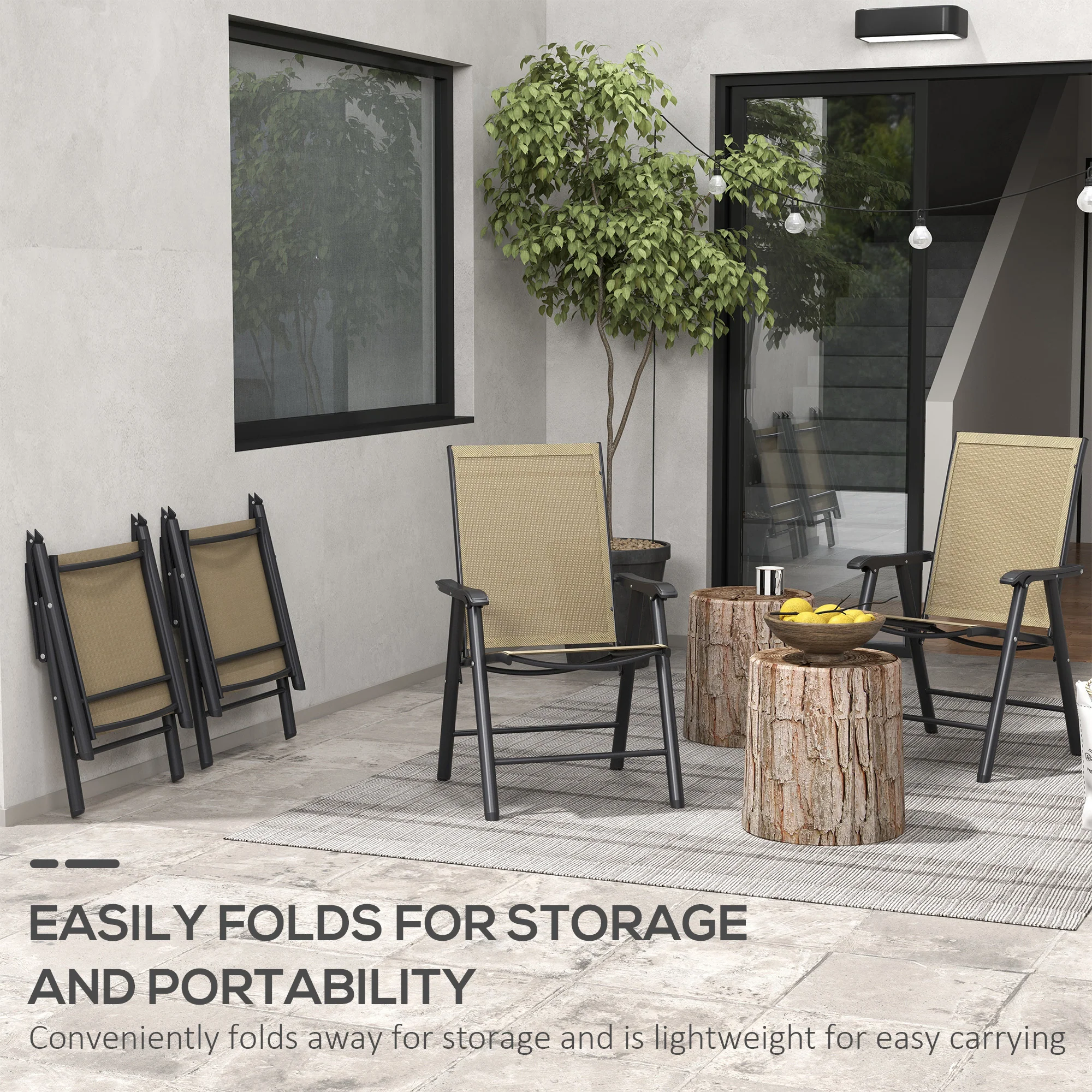 4-Piece Folding Chair Set, Outdoor Furniture Set with Mesh Fabric & Armrests, Brown - Image 7