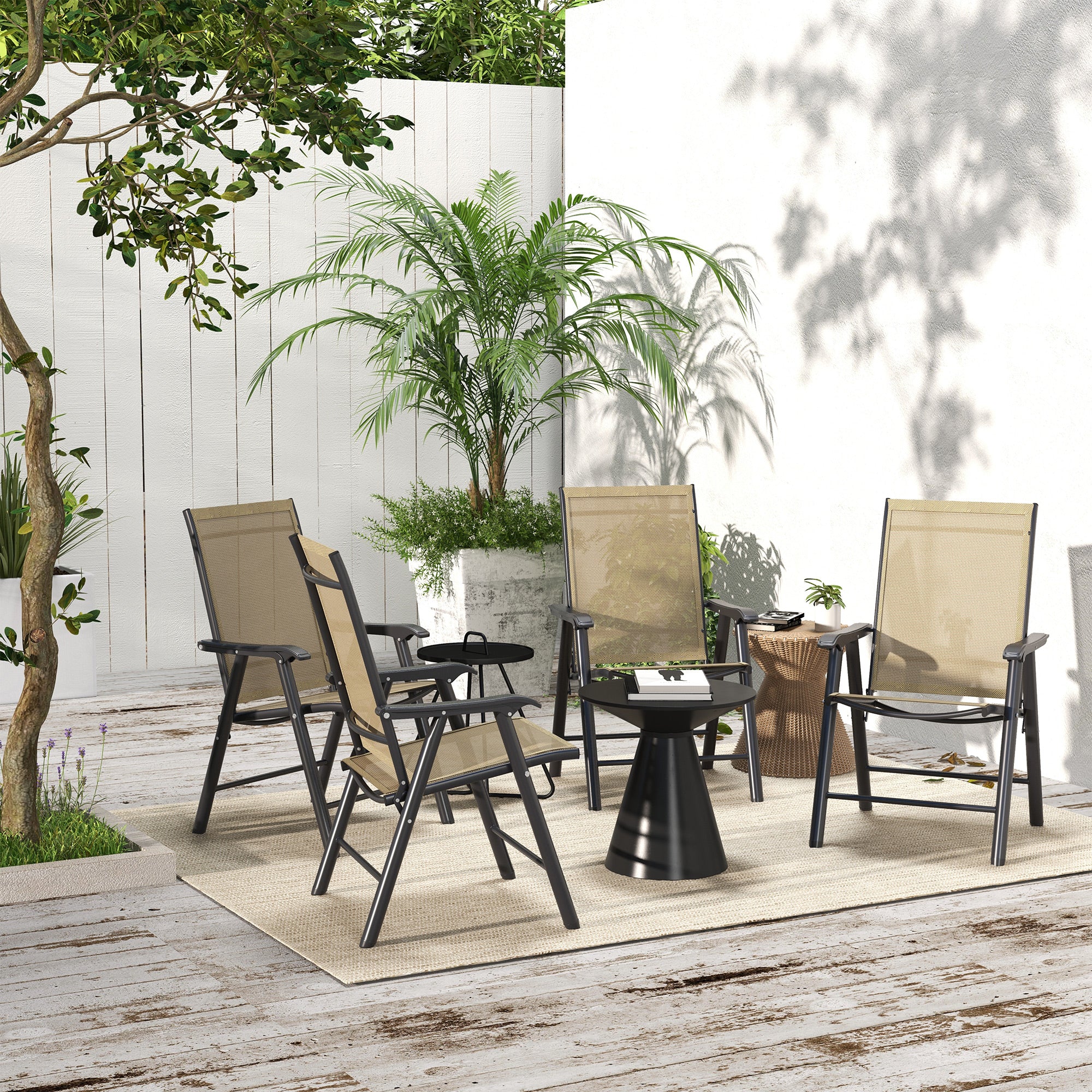 4-Piece Folding Chair Set, Outdoor Furniture Set with Mesh Fabric & Armrests, Brown - Image 9