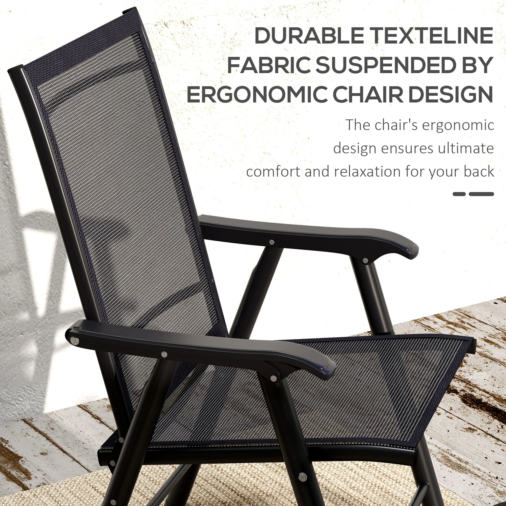 4-Piece Folding Chair Set, Outdoor Furniture Set with Mesh Fabric & Armrests, Black - Image 6