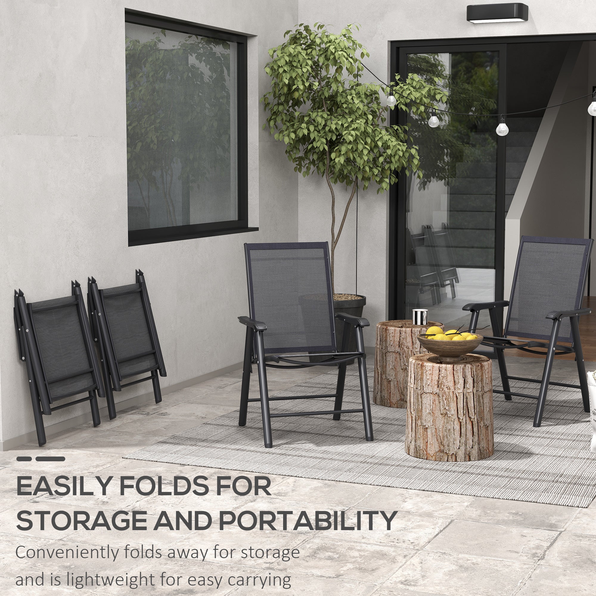 4-Piece Folding Chair Set, Outdoor Furniture Set with Mesh Fabric & Armrests, Black - Image 7