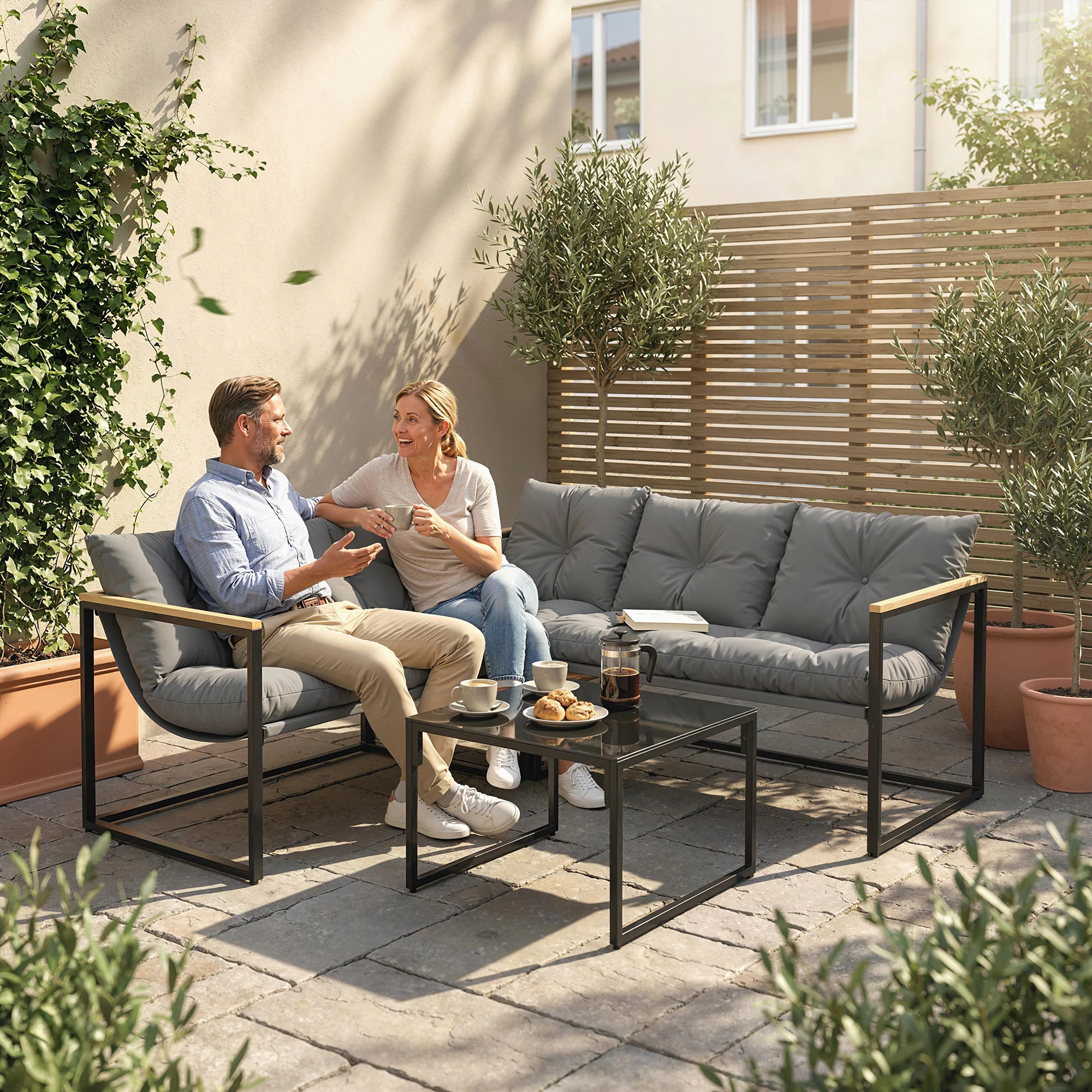 4 Piece Garden Furniture Set with Coffee Table and Thick Cushions, Grey - Image 11