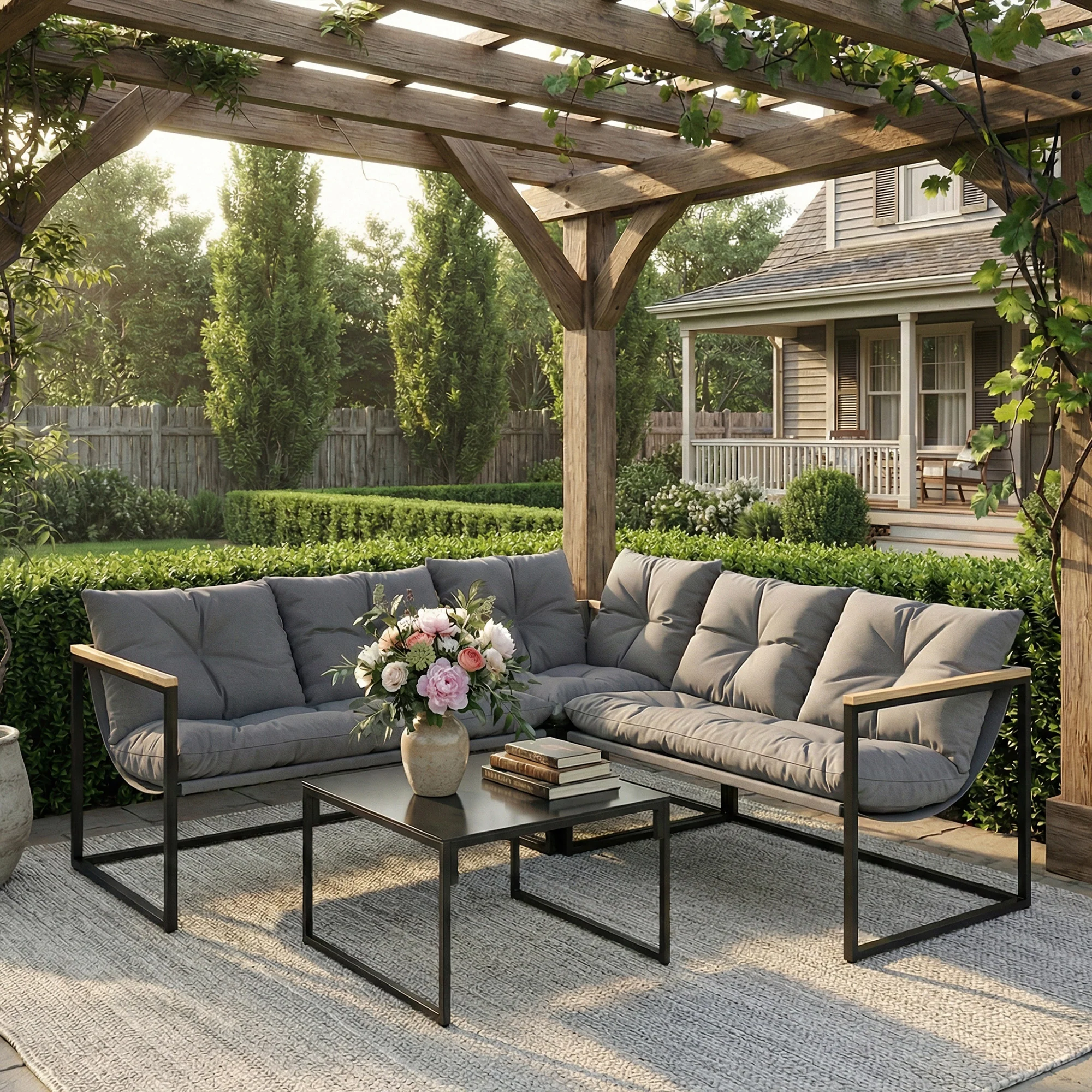 4 Piece Garden Furniture Set with Coffee Table and Thick Cushions, Grey - Image 3