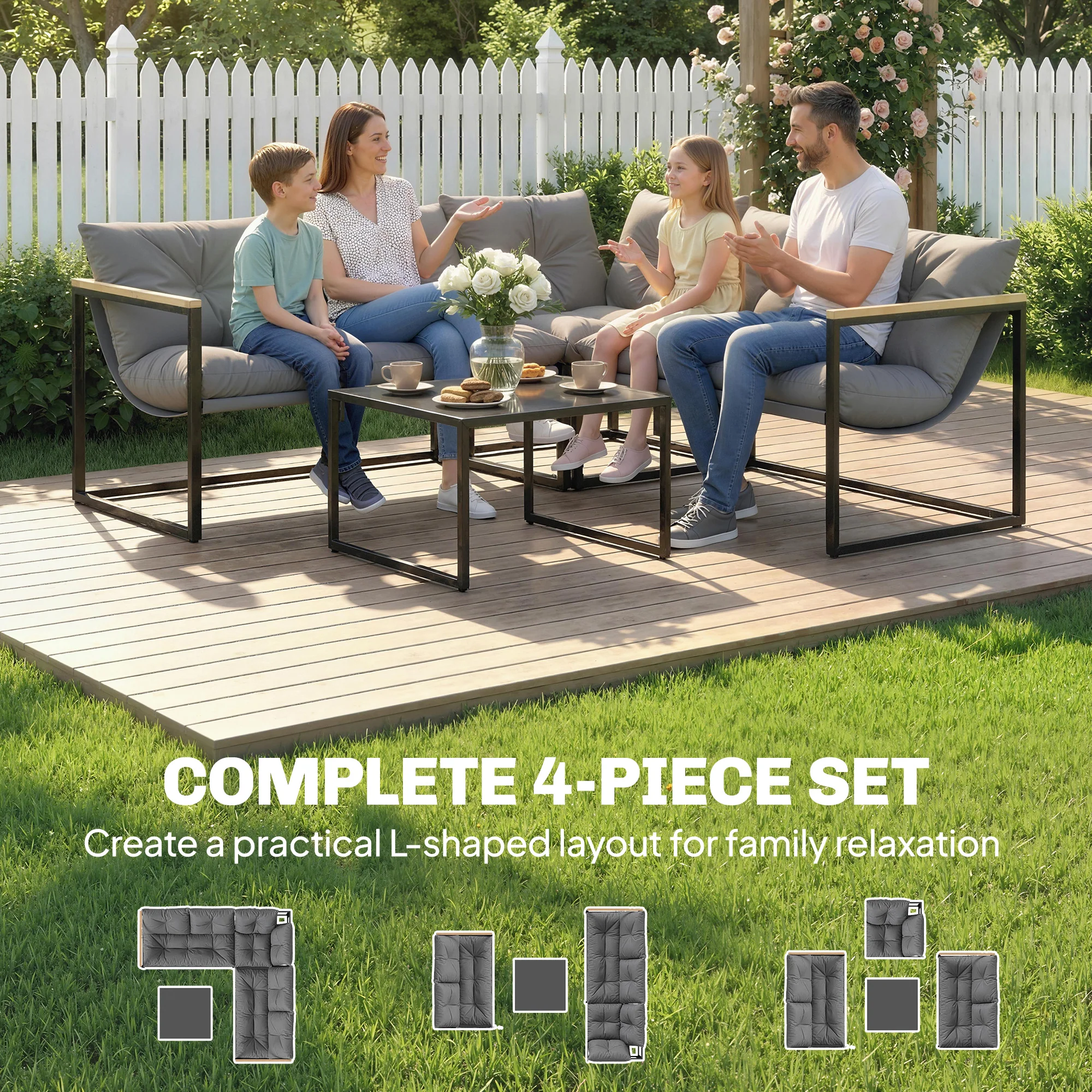 4 Piece Garden Furniture Set with Coffee Table and Thick Cushions, Grey - Image 6