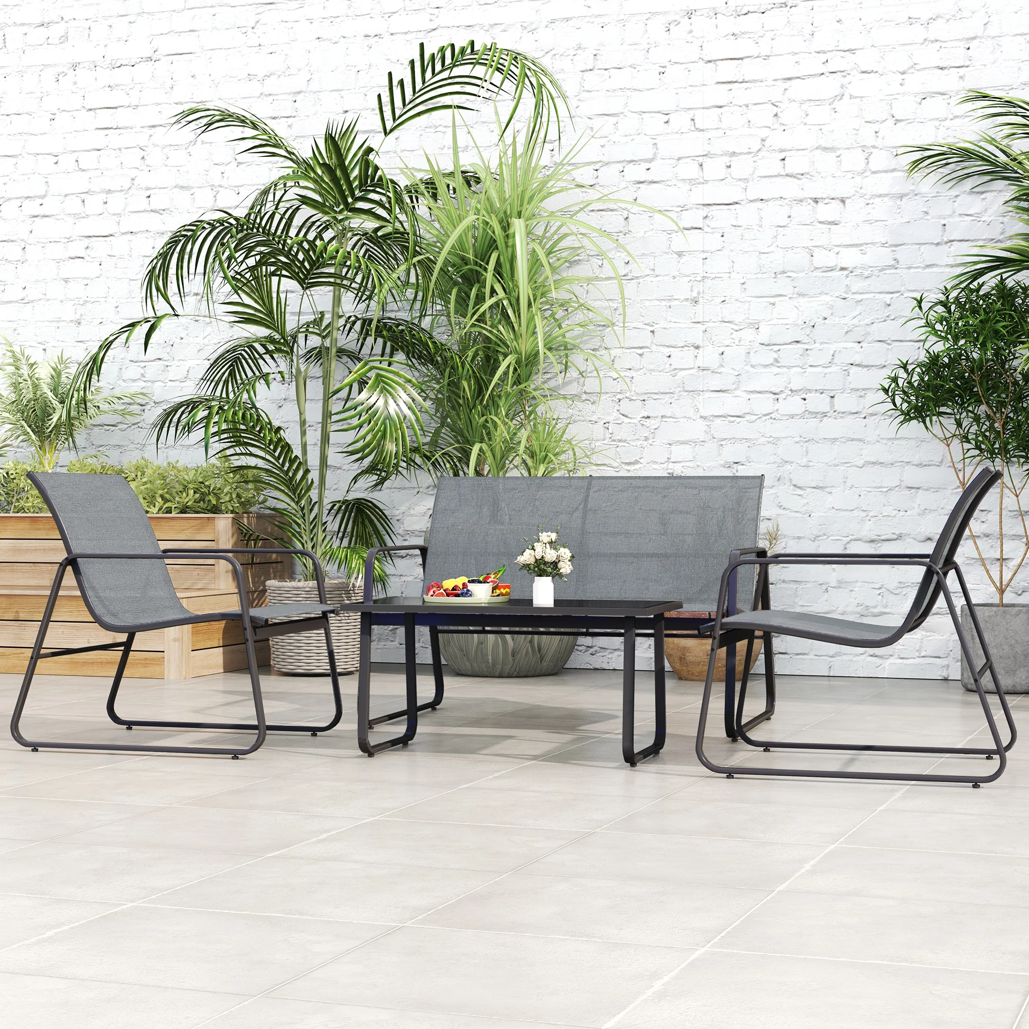4 Piece Outdoor Patio Sofa Set with Loveseat, Single Chairs & Glass Top Table, Light Grey - Image 11