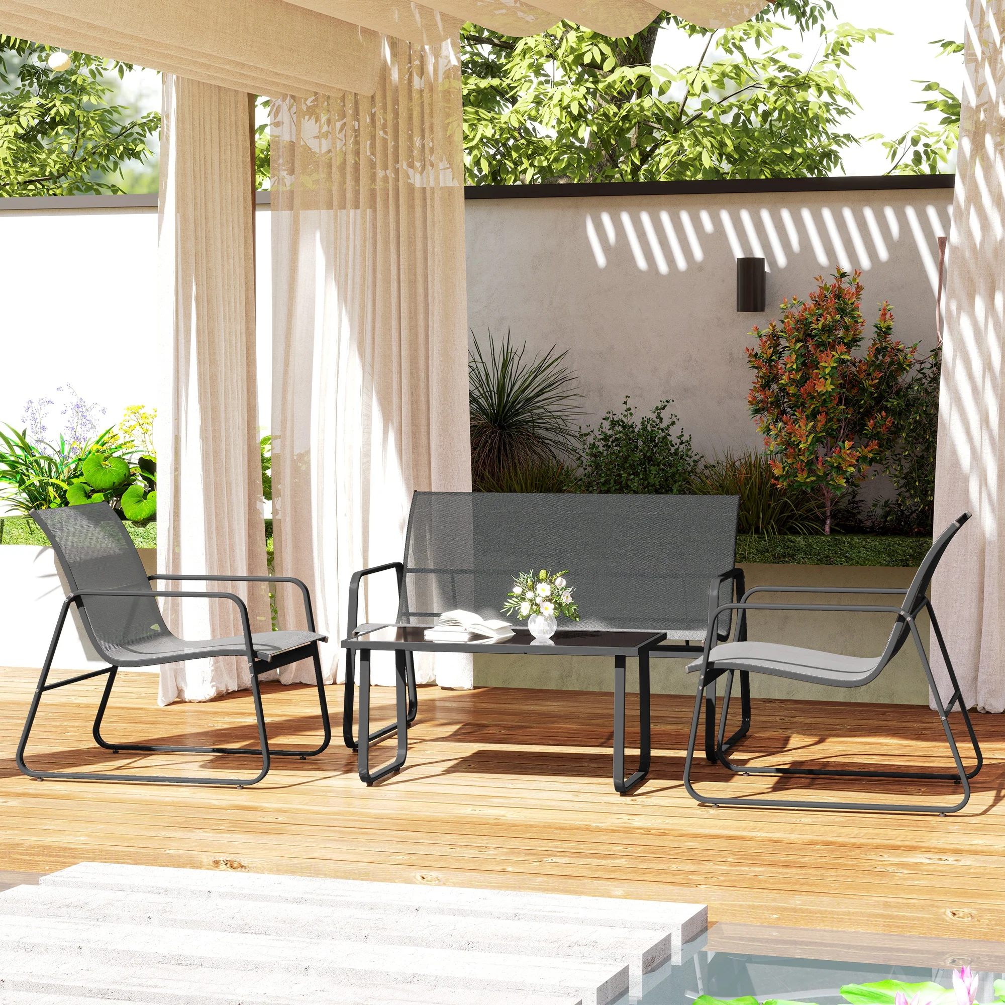 4 Piece Outdoor Patio Sofa Set with Loveseat, Single Chairs & Glass Top Table, Light Grey - Image 3