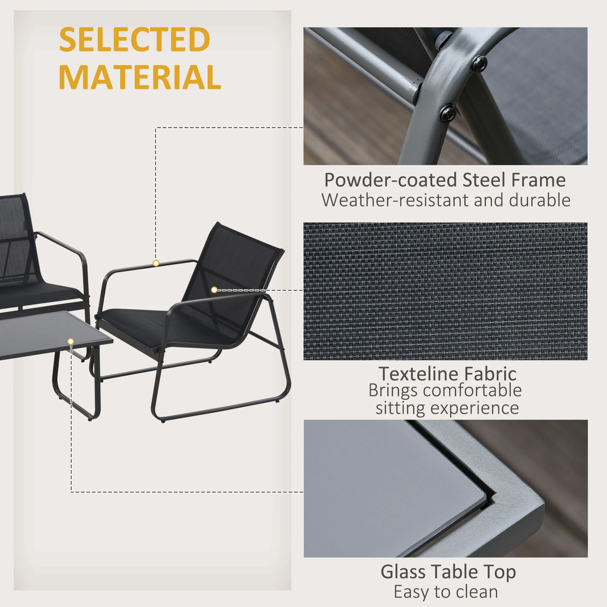 4 Piece Outdoor Patio Sofa Set with Loveseat, Single Chairs & Glass Top Table, Black - Image 7