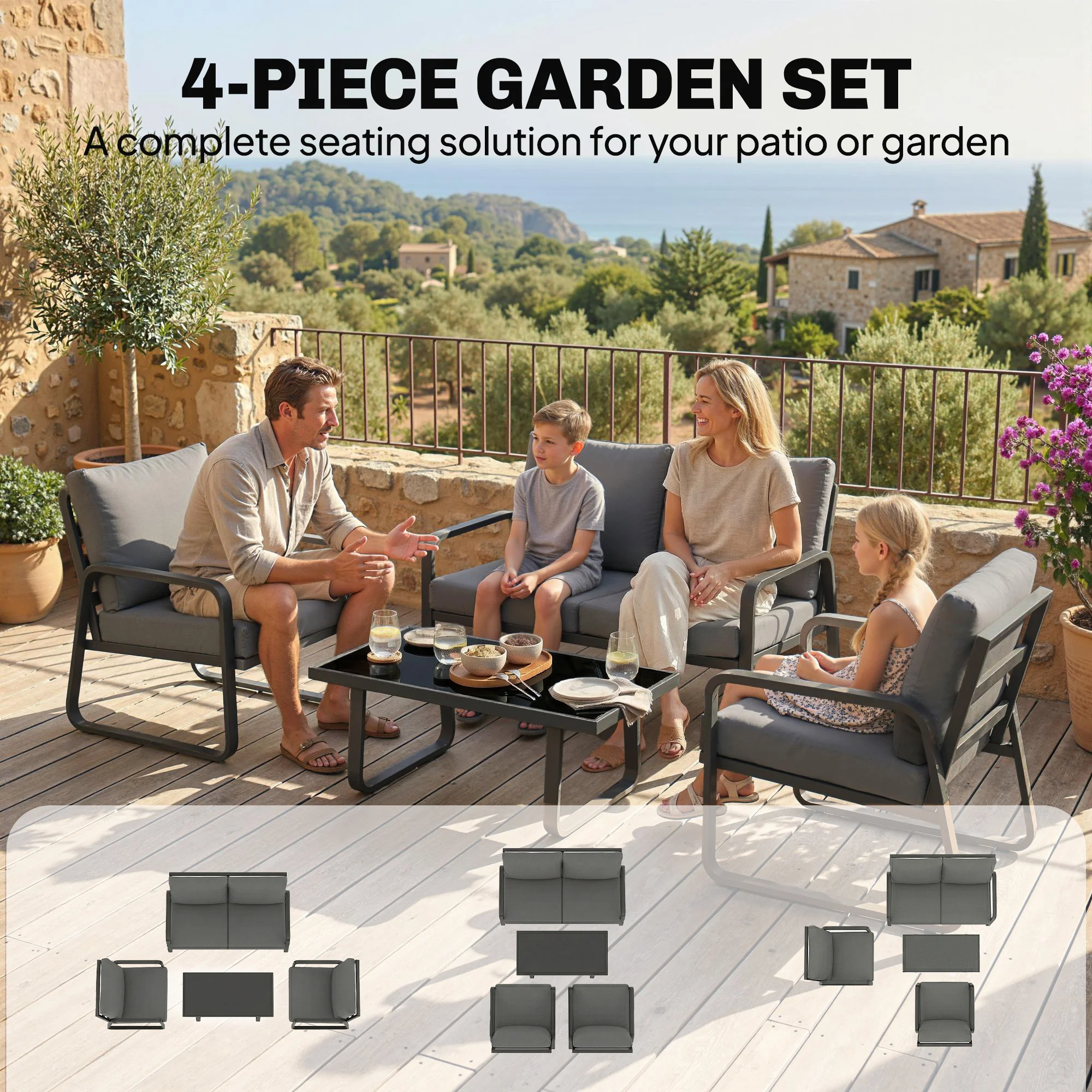 4-Piece Outdoor Rattan Sofa Set with Loveseat & 2 Chairs, Coffee Table, Black - Image 6
