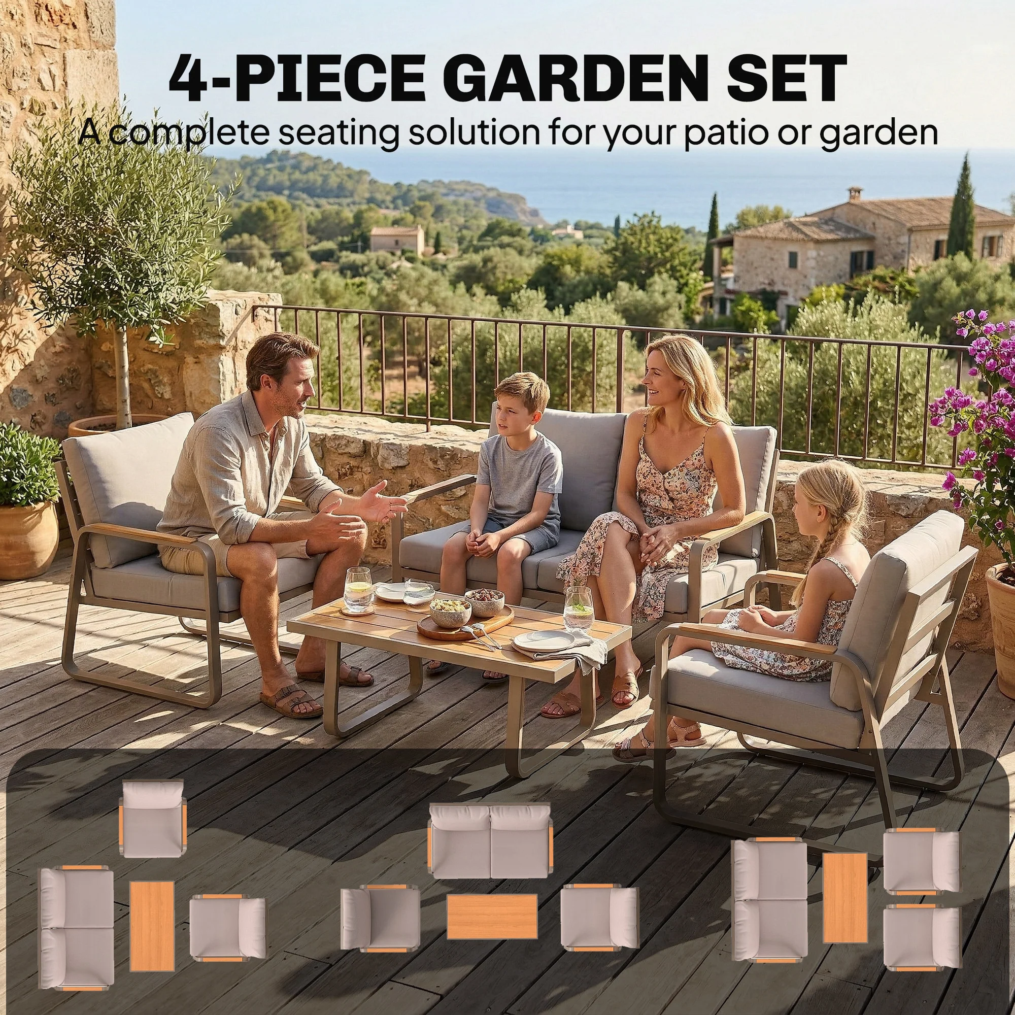 4-Piece Patio Set with Metal Frame and Cushions, Loveseat & 2 Chairs, Brown - Image 6