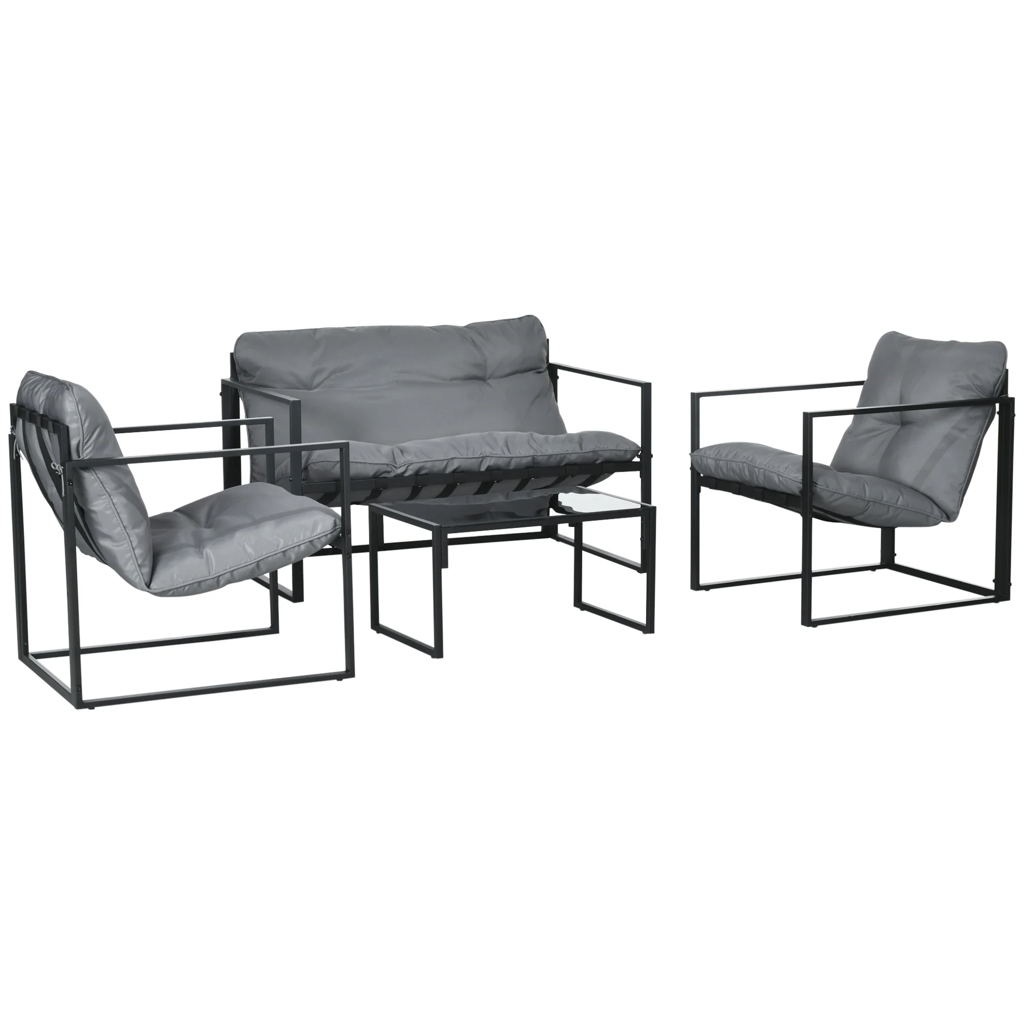 4 Piece Outdoor Patio Conversation Set w/ Tempered Glass Table, Loveseat & 2 Chairs, Grey