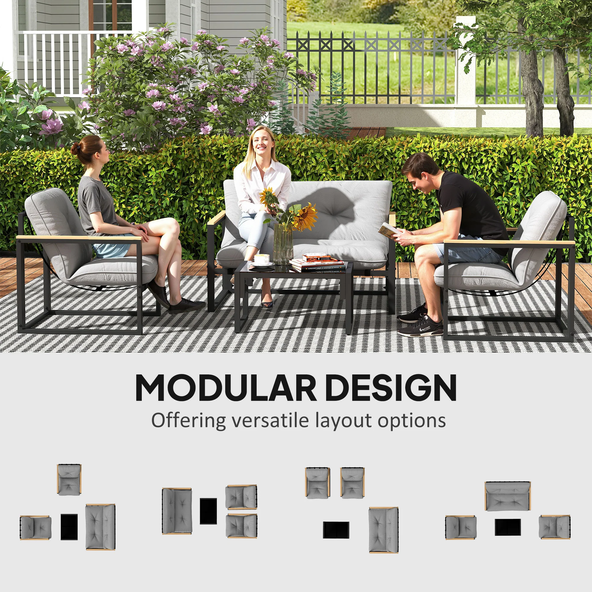 4 Piece Patio Furniture Set with Loveseat, Coffee Table and Thick Cushions, Light Grey - Image 6