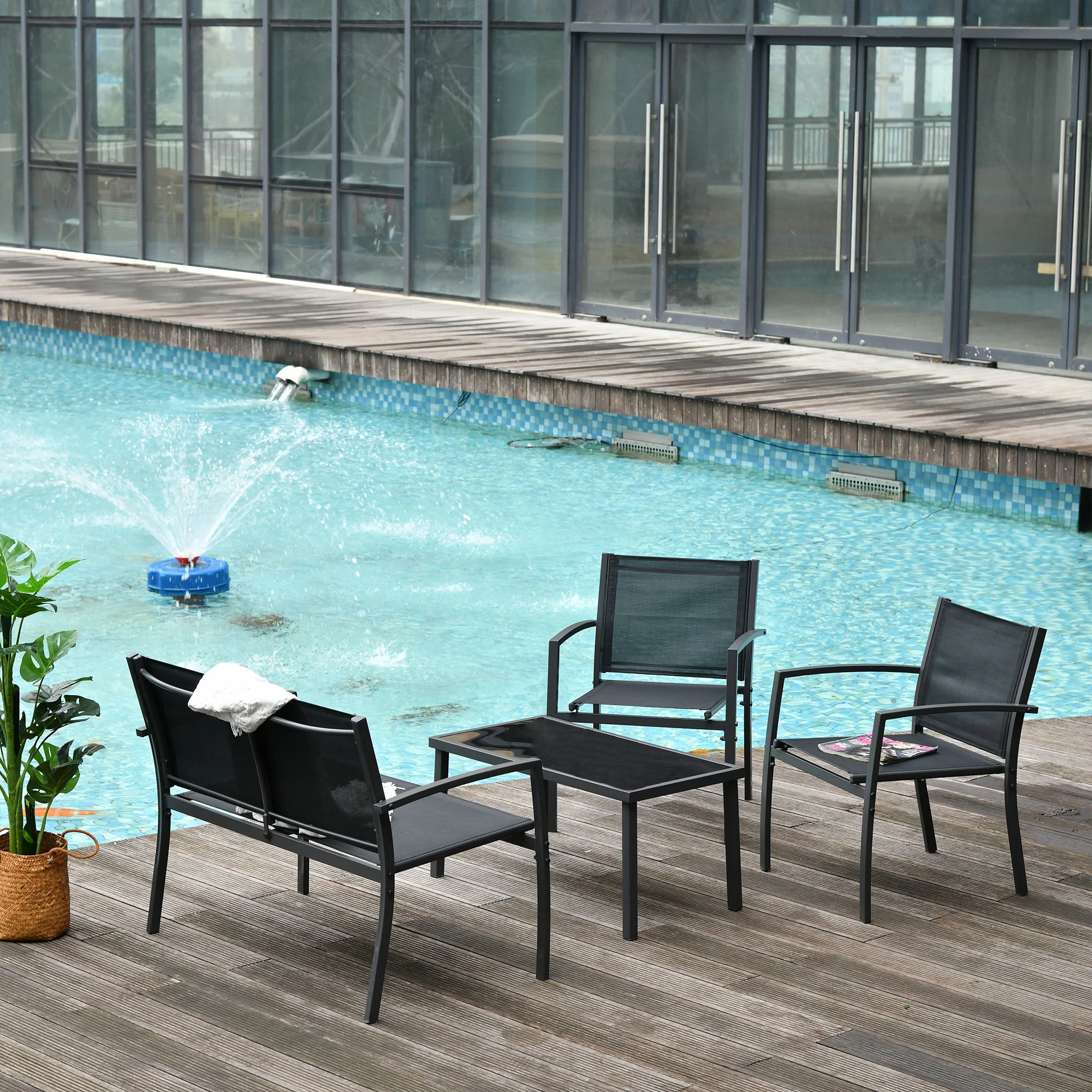 4-Piece Patio Furniture Set w/ Glass Coffee Table, Breathable Mesh Seat & Backrest, Black - Image 3