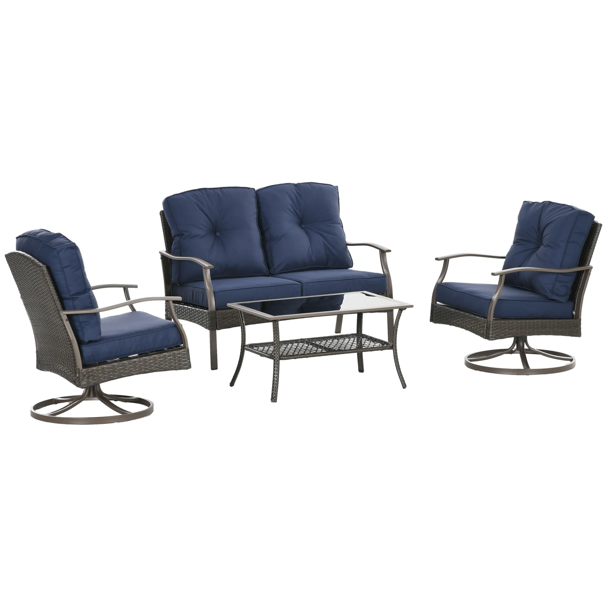 4-Piece Rattan Patio Sofa Set with Two-Tier Tea Table, Padded Seats, Navy Blue - Image 12