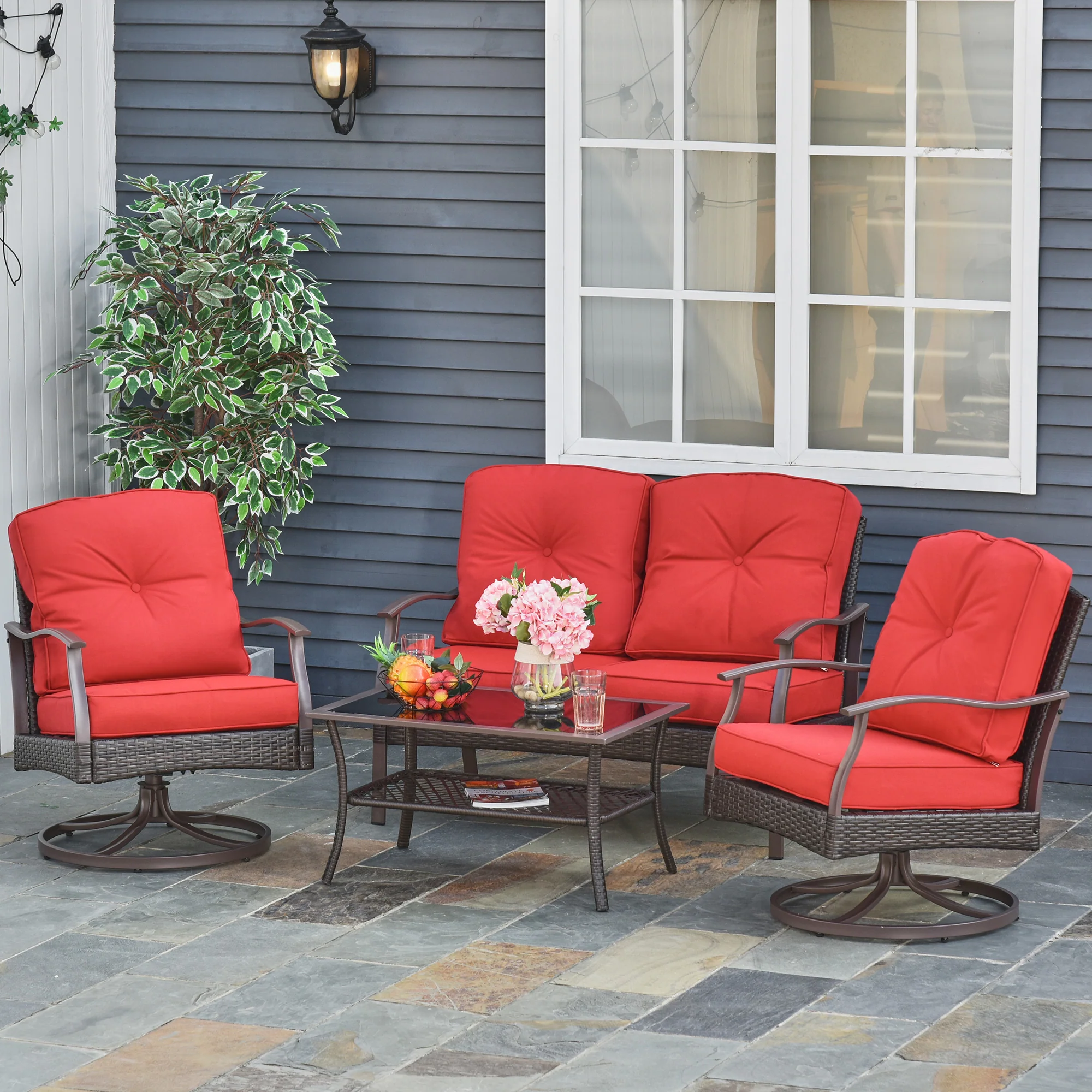 4-Piece PE Rattan Patio Sofa Set with Two-Tier Tea Table and Padded Seats, Red - Image 3