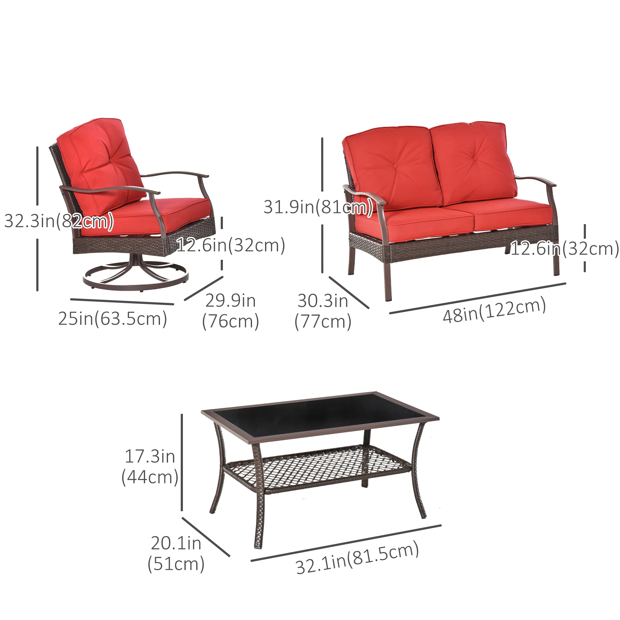 4-Piece PE Rattan Patio Sofa Set with Two-Tier Tea Table and Padded Seats, Red - Image 5