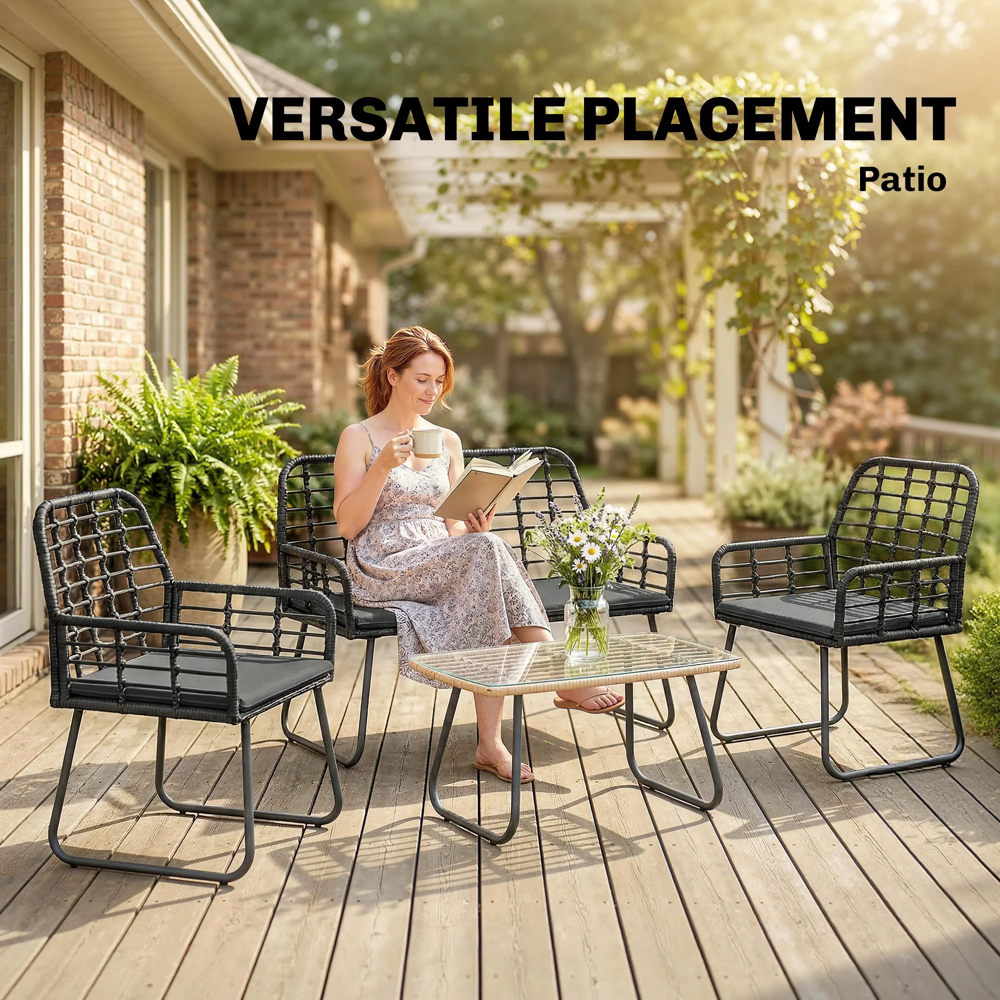 4 Piece Rattan Garden Furniture Set with Loveseat and Coffee Table, Black - Image 10