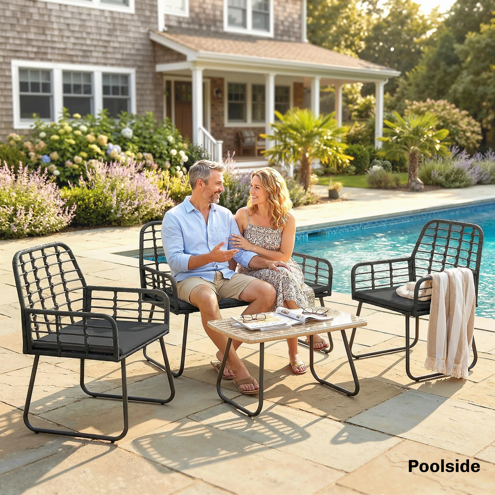 4 Piece Rattan Garden Furniture Set with Loveseat and Coffee Table, Black - Image 11