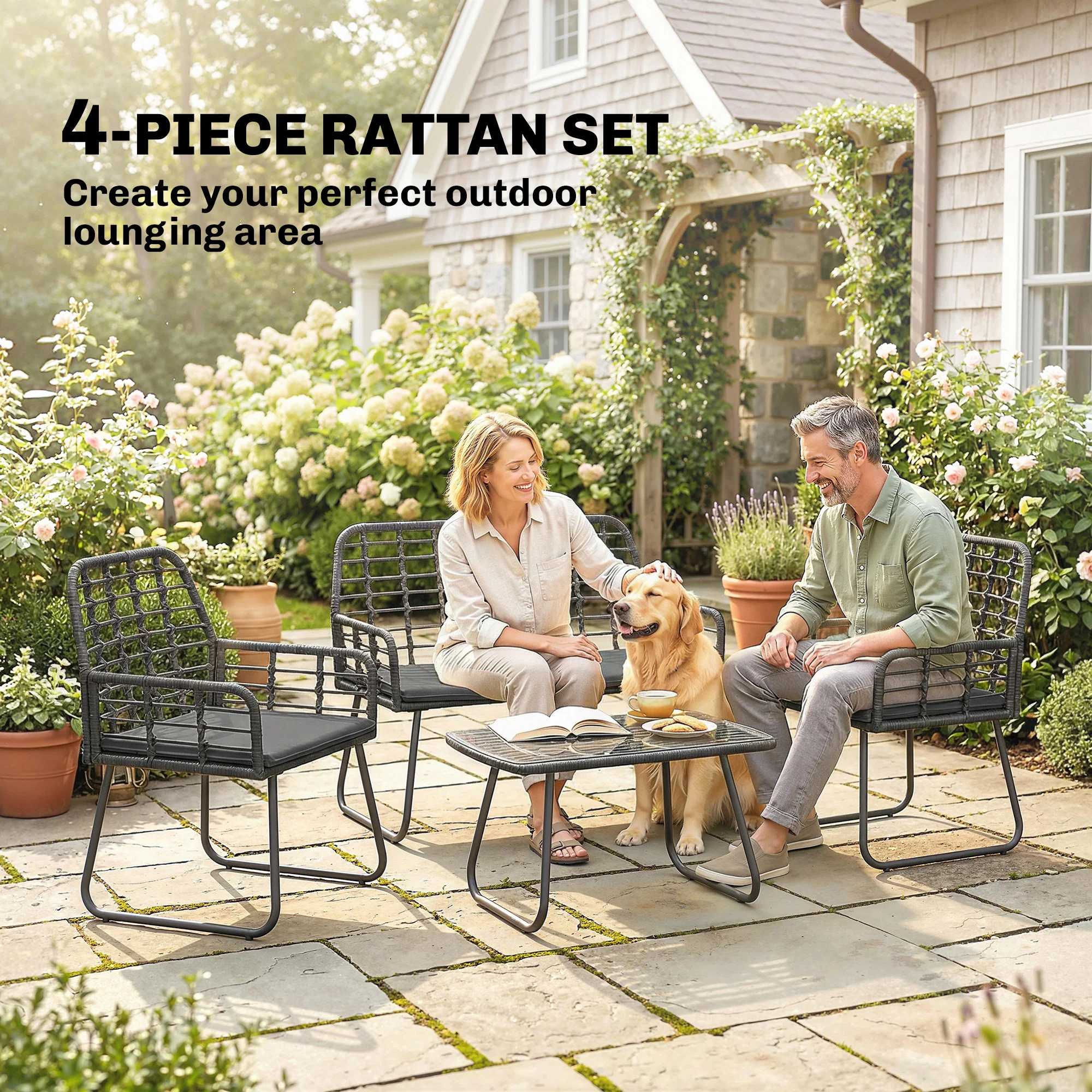 4 Piece Rattan Garden Furniture Set with Loveseat and Coffee Table, Black - Image 6