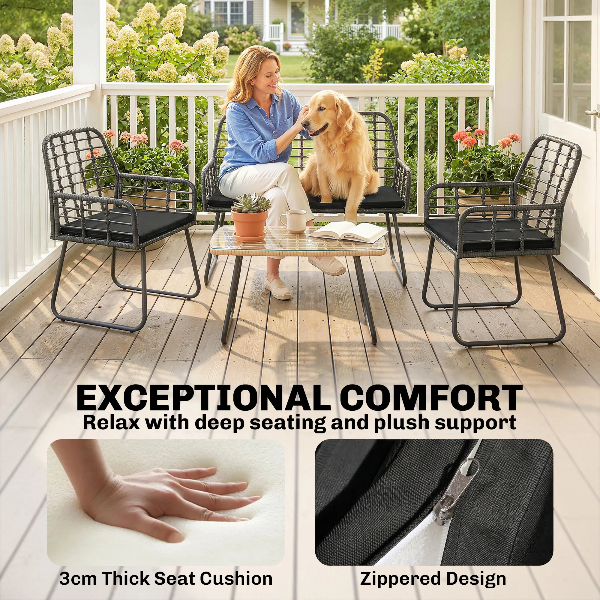 4 Piece Rattan Garden Furniture Set with Loveseat and Coffee Table, Black - Image 8