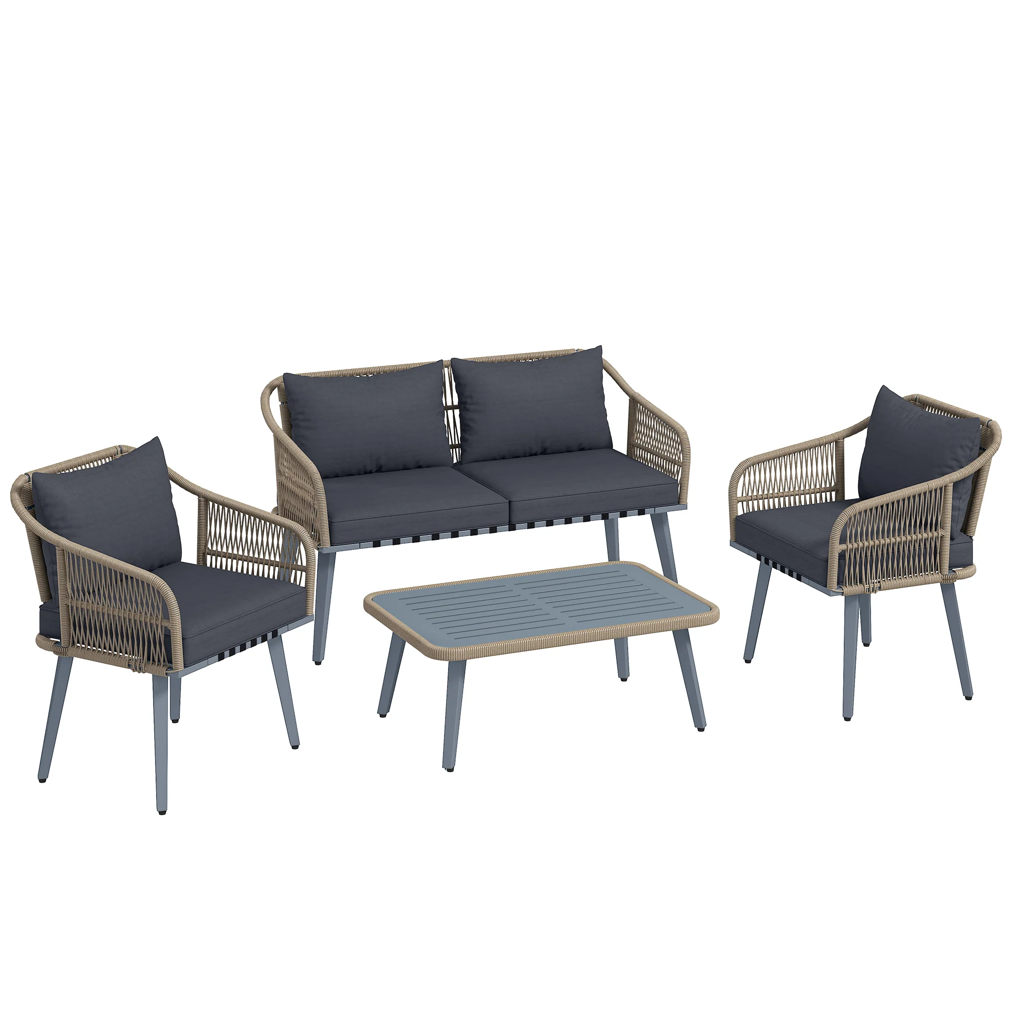 4-Piece Rattan Conversation Set with Loveseat, 2 Armchairs & Acacia Table, Grey - Image 12