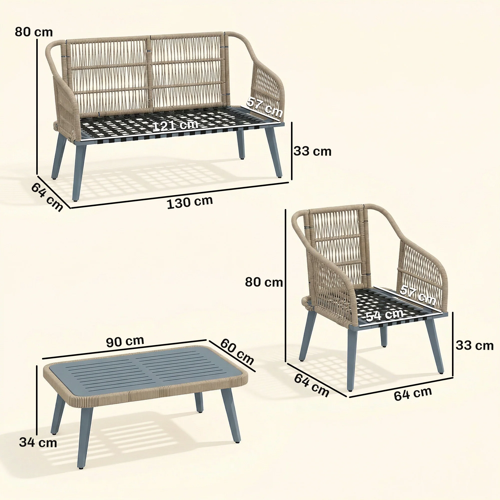4-Piece Rattan Conversation Set with Loveseat, 2 Armchairs & Acacia Table, Grey - Image 5