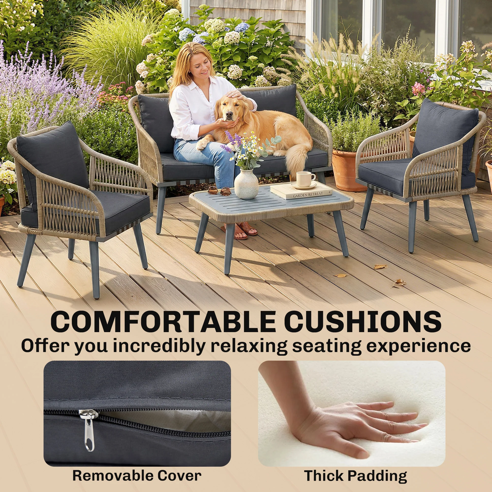 4-Piece Rattan Conversation Set with Loveseat, 2 Armchairs & Acacia Table, Grey - Image 9