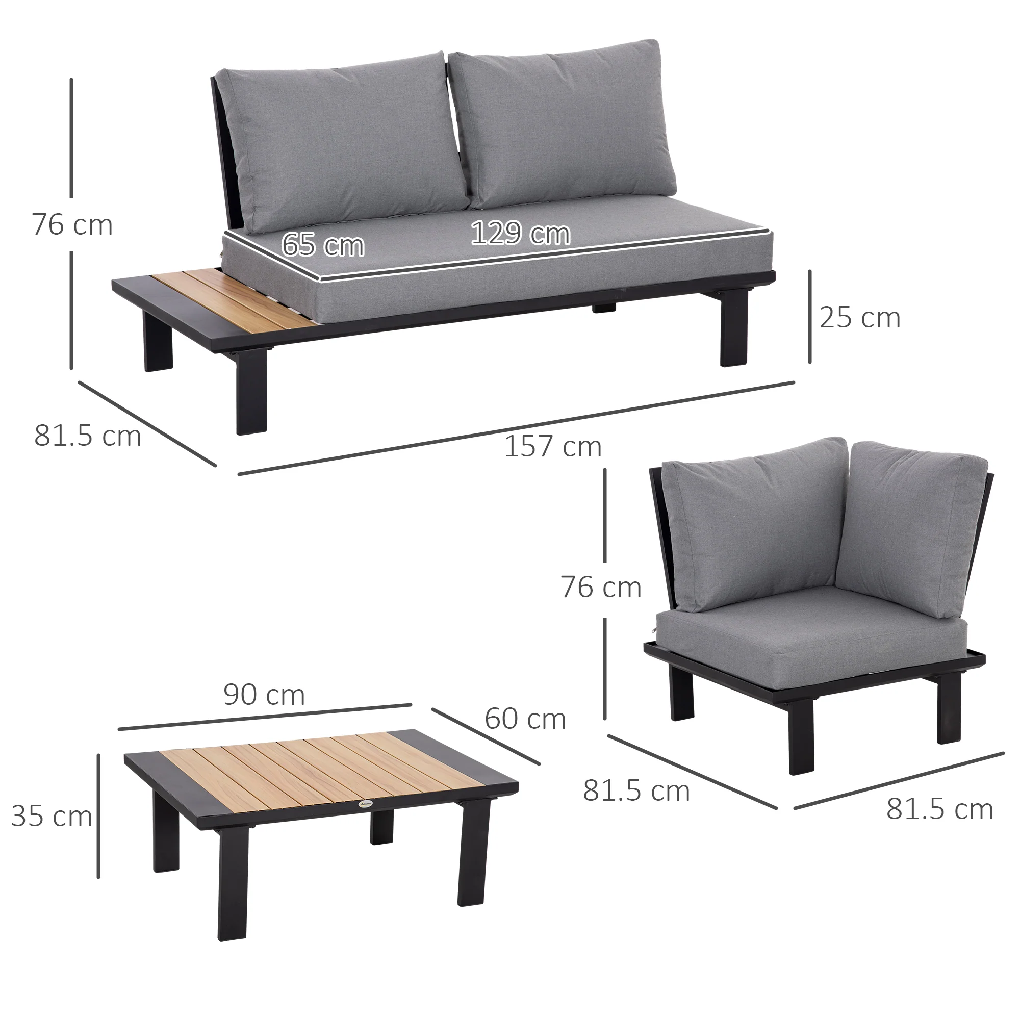 FlexNook Patio Sofa Conversation Set w/ Padded Cushion, Coffee Table & Side Panel, Dark Grey - Image 5