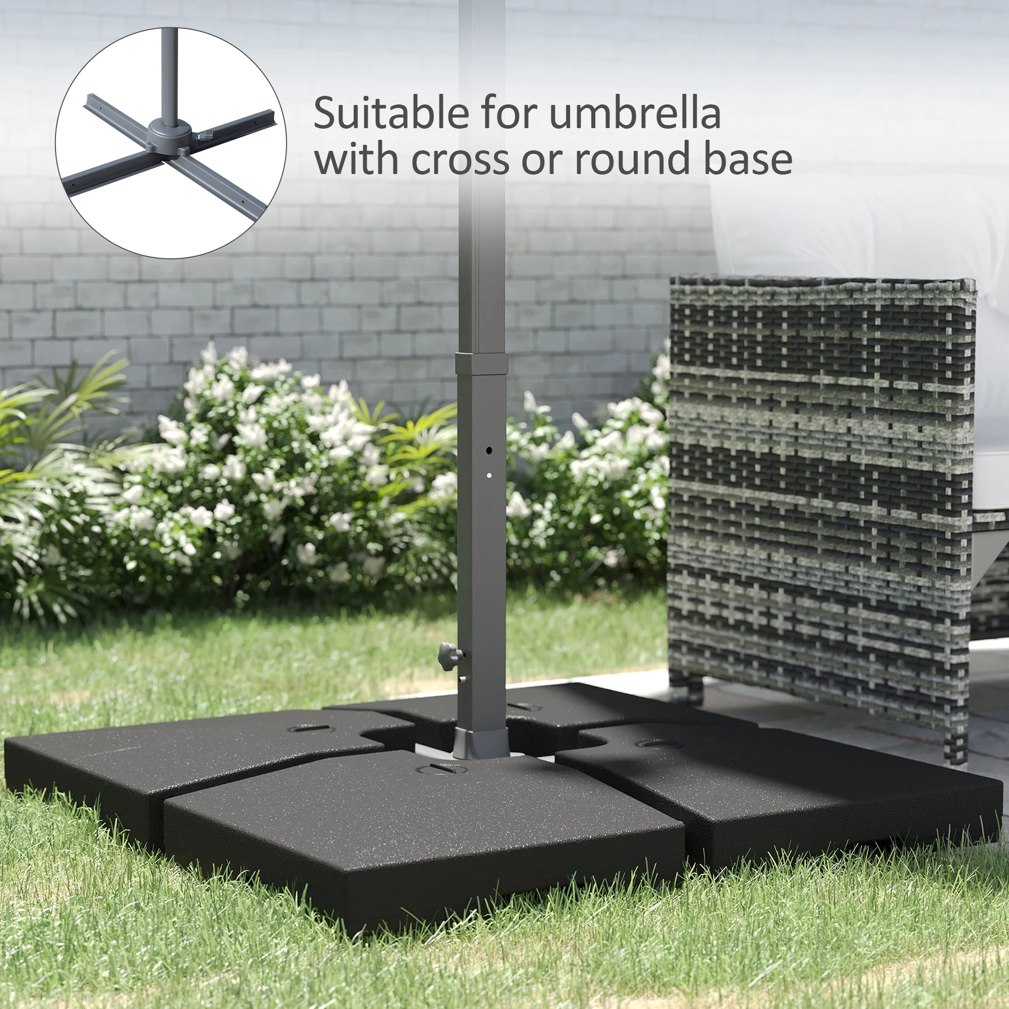 4 Pieces Fillable Parasol Base, Heavy Duty Umbrella Weights for Cross Stand, Square Holder for Cantilever Parasol, Total 120KG Sand/ 80L Water Filled (Metal Pole & Cross Stand NOT INCLUDED) - Image 8
