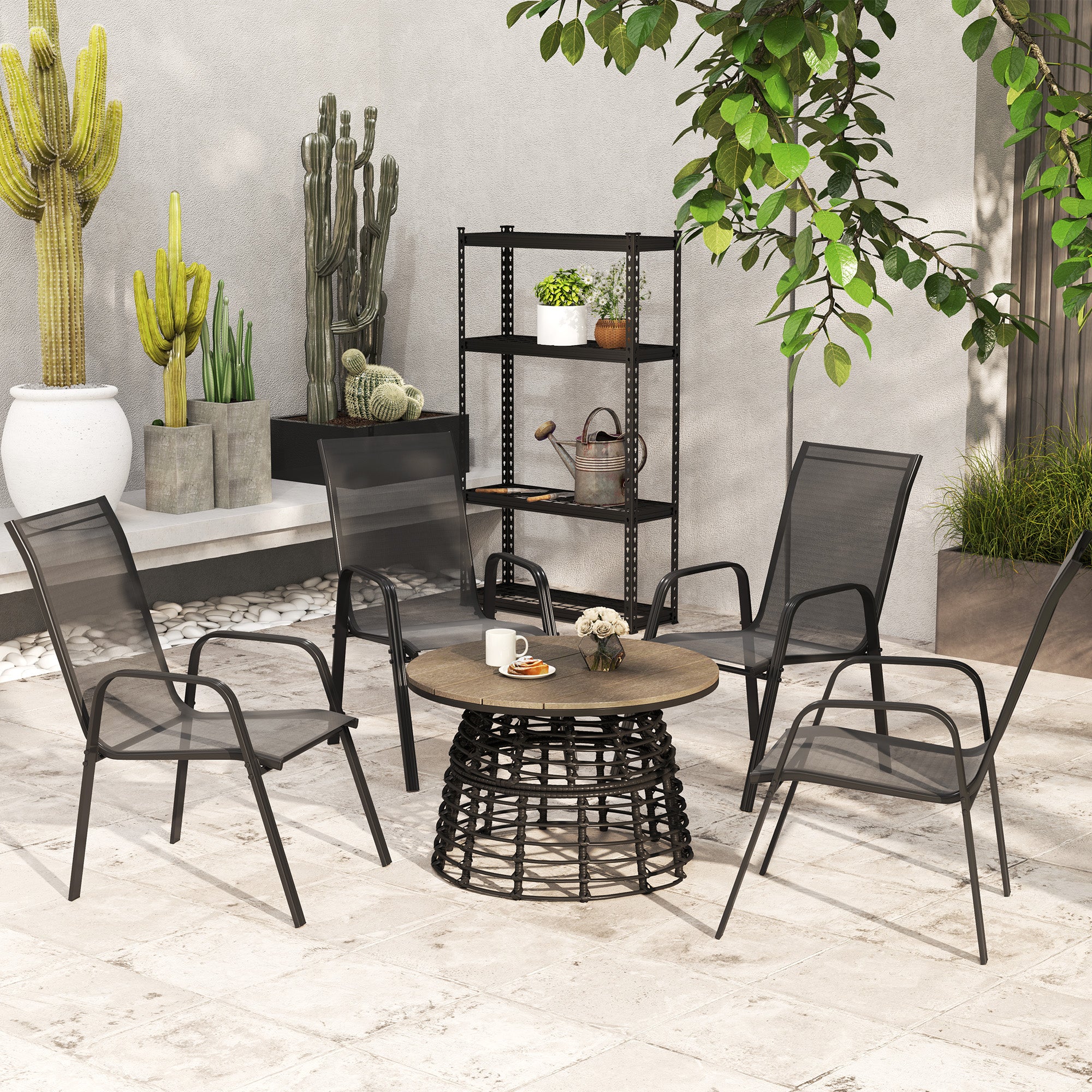 4 Pieces Stackable Outdoor Chairs with High Backrest and Armrest, Black - Image 10