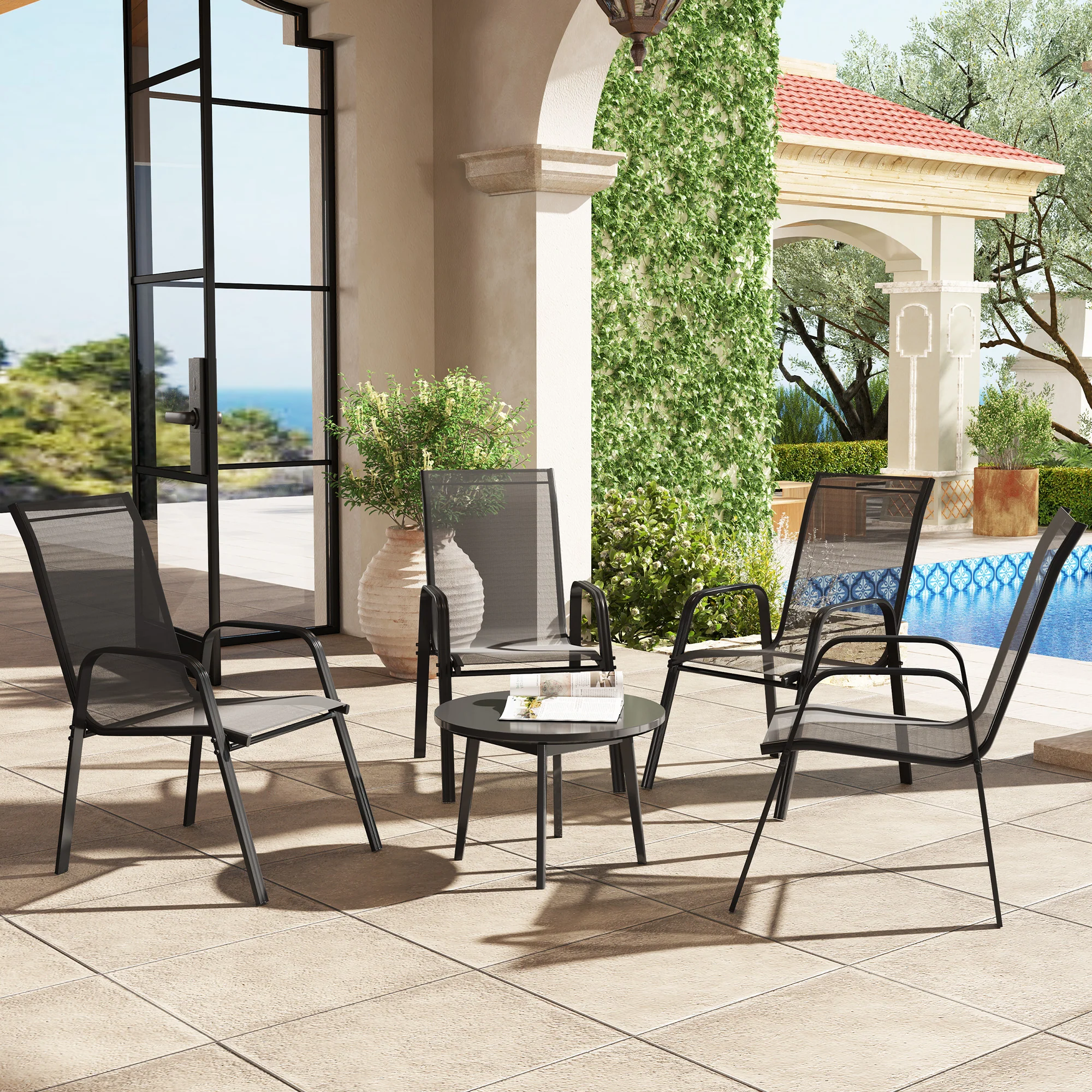 4 Pieces Stackable Outdoor Chairs with High Backrest and Armrest, Black - Image 3