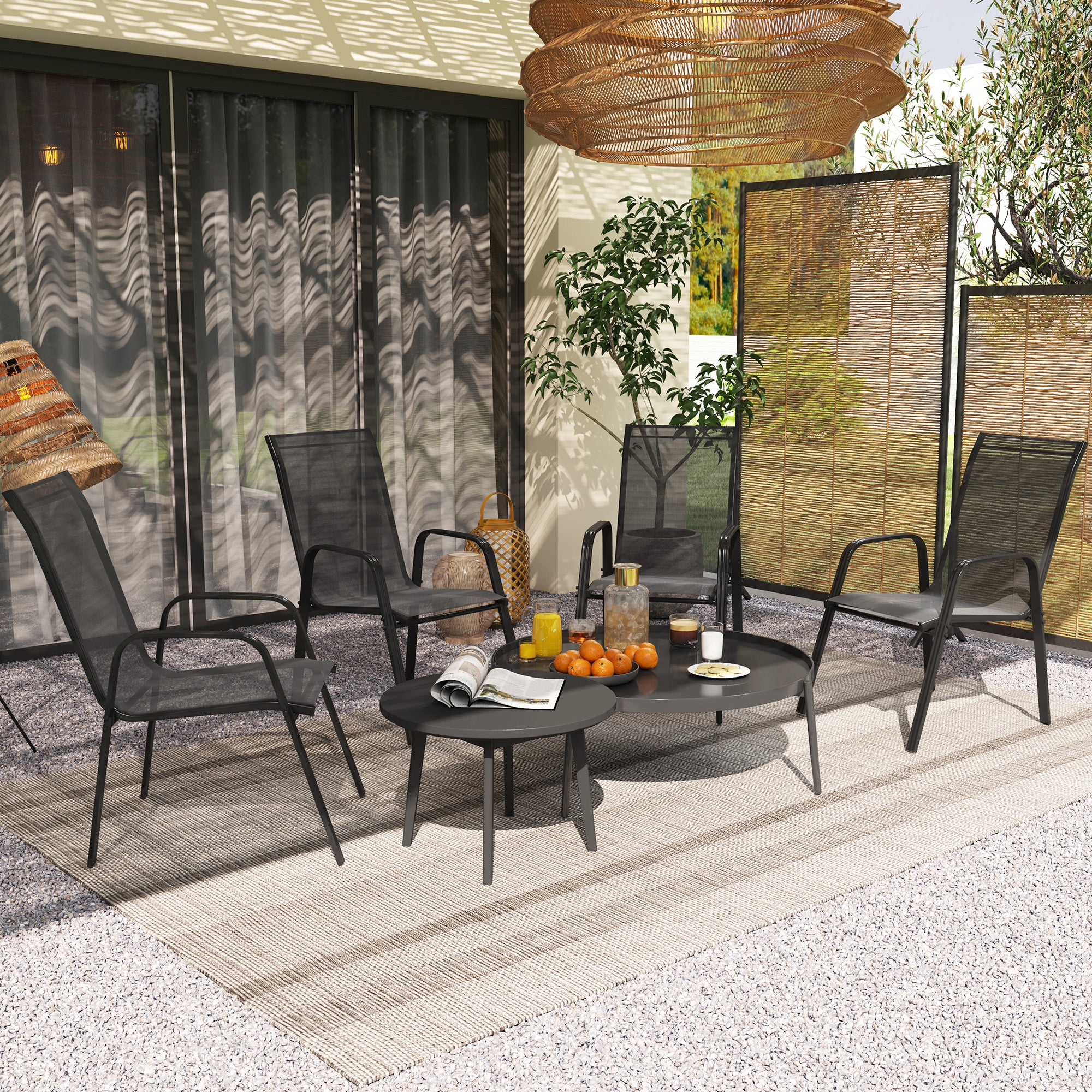 4 Pieces Stackable Outdoor Chairs with High Backrest and Armrest, Black - Image 4