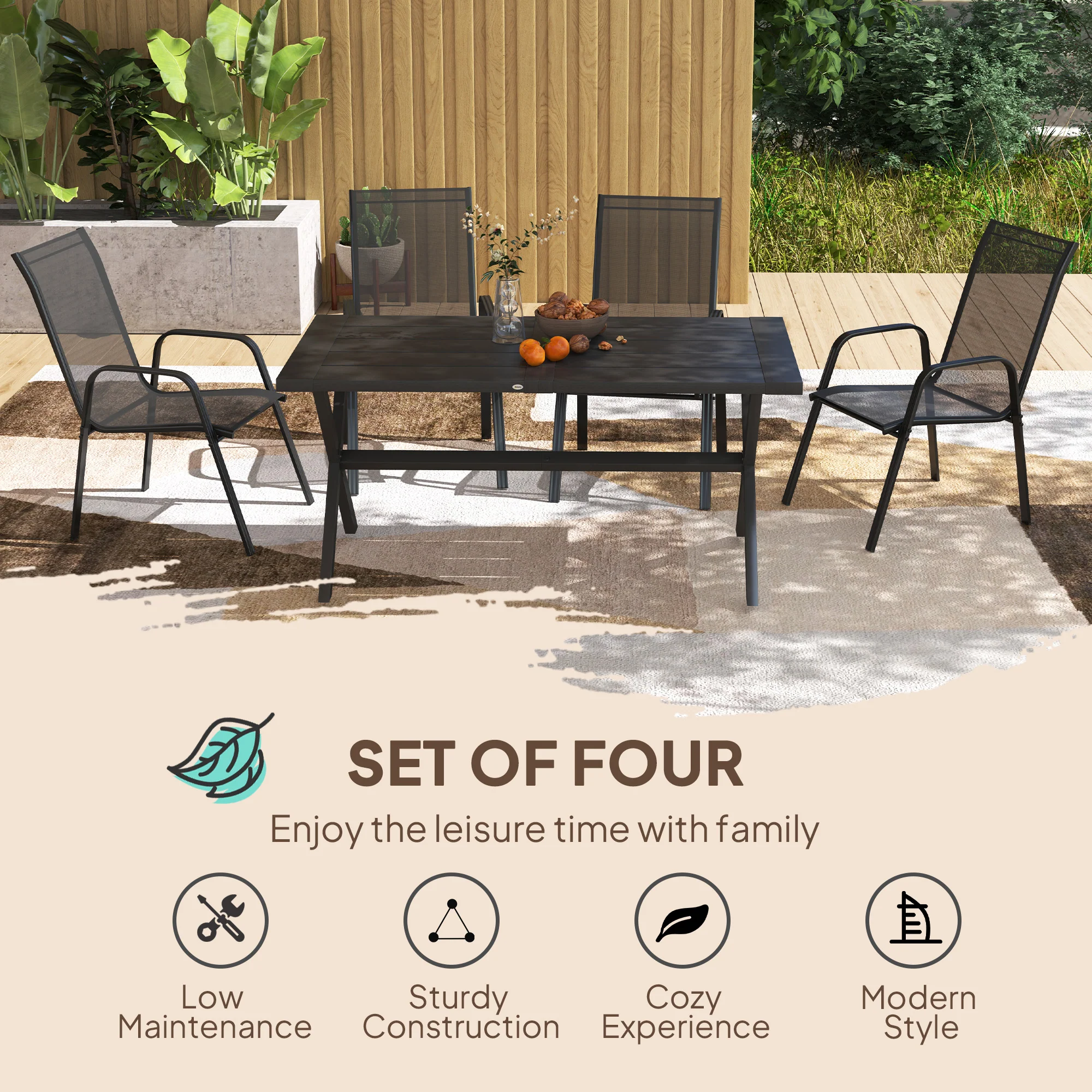 4 Pieces Stackable Outdoor Chairs with High Backrest and Armrest, Black - Image 6