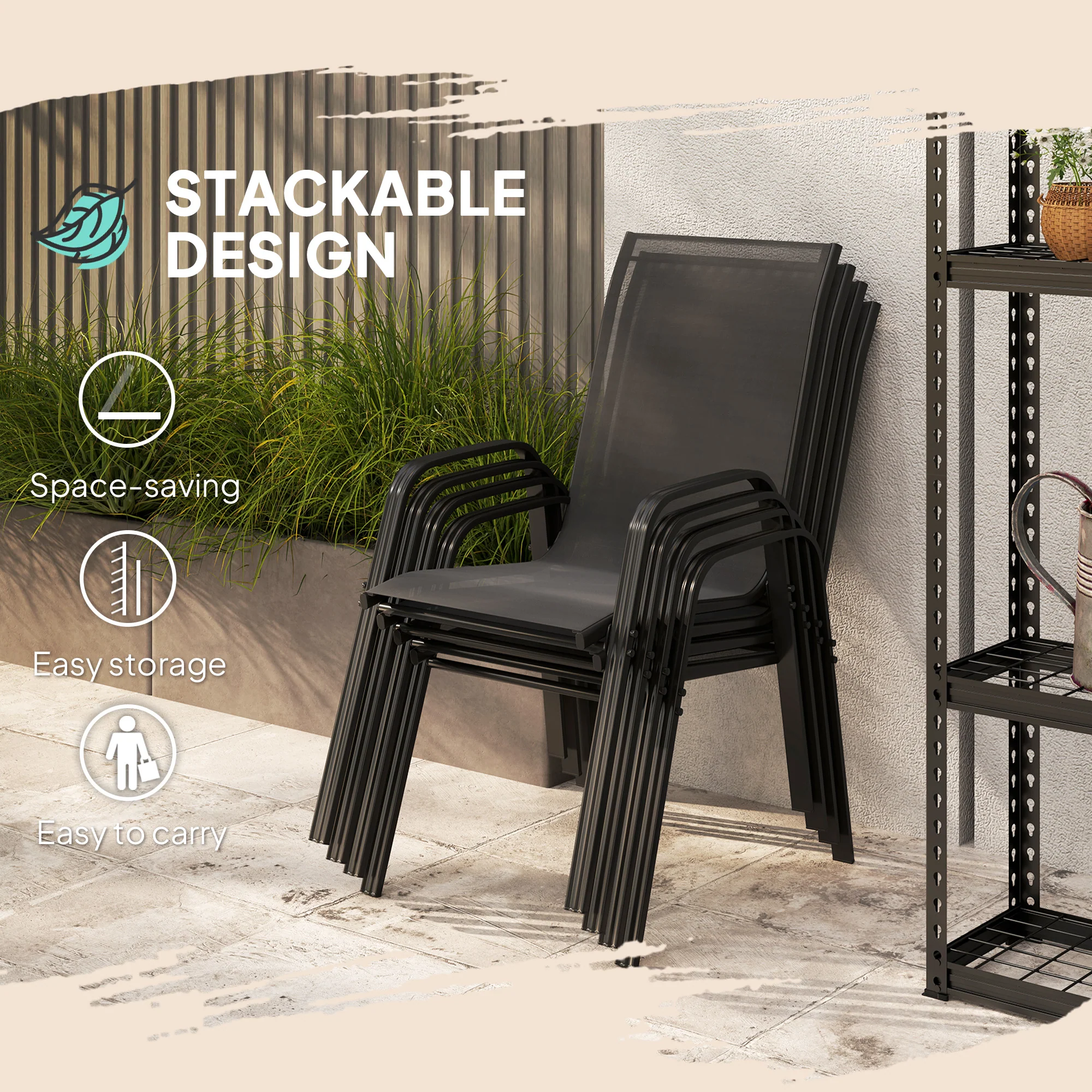 4 Pieces Stackable Outdoor Chairs with High Backrest and Armrest, Black - Image 7