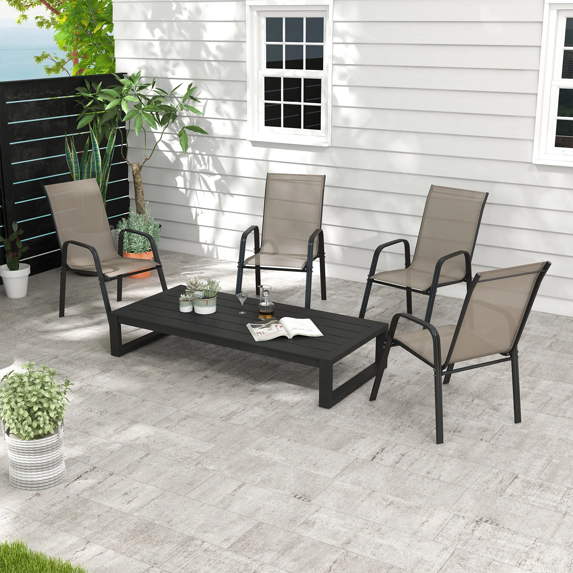 4 Pieces Garden Chairs with High Backrest and Armrest, Dark Grey - Image 3