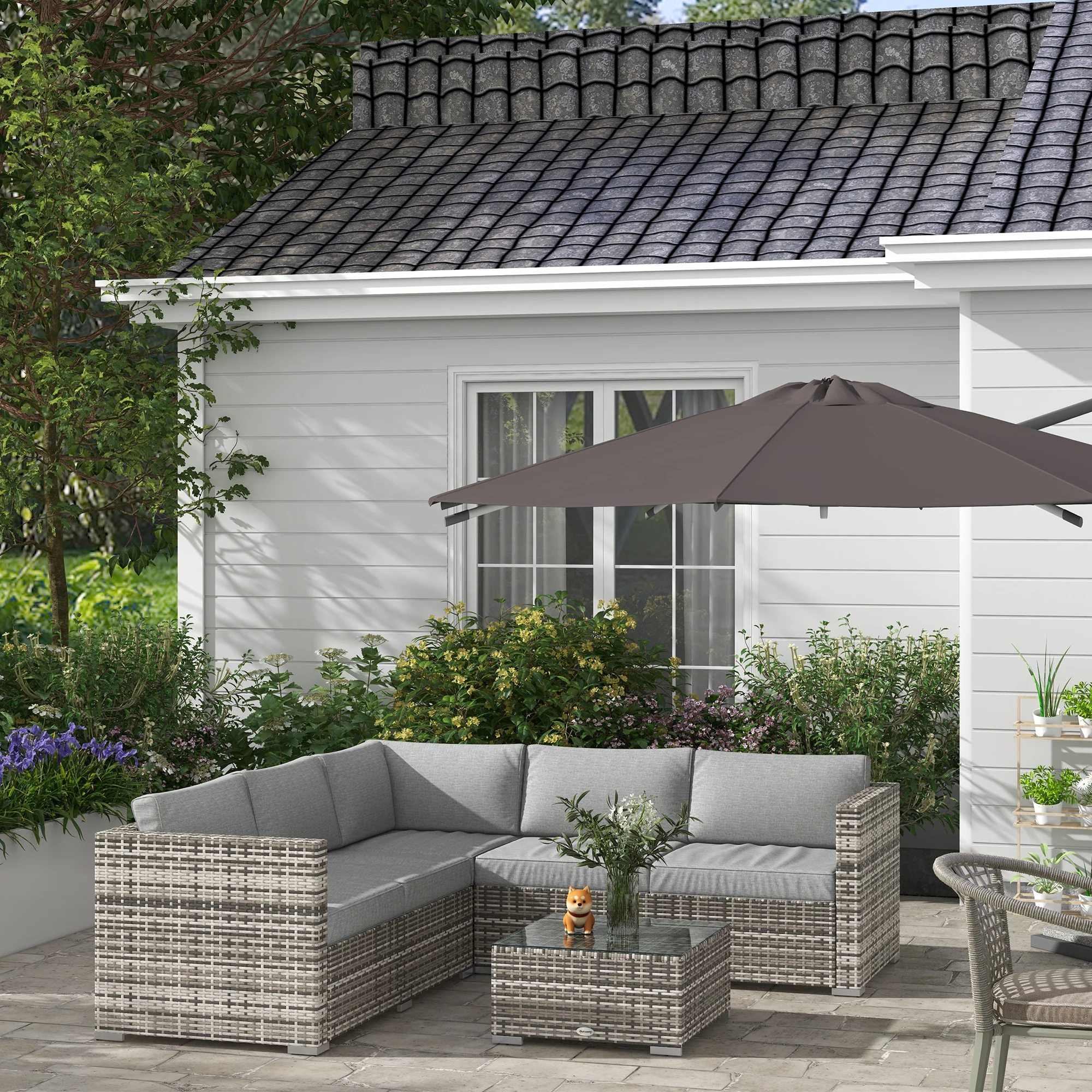 4-Piece Rattan Patio Set with Corner Sofa, Loveseats & Coffee Table, Mixed Grey - Image 4