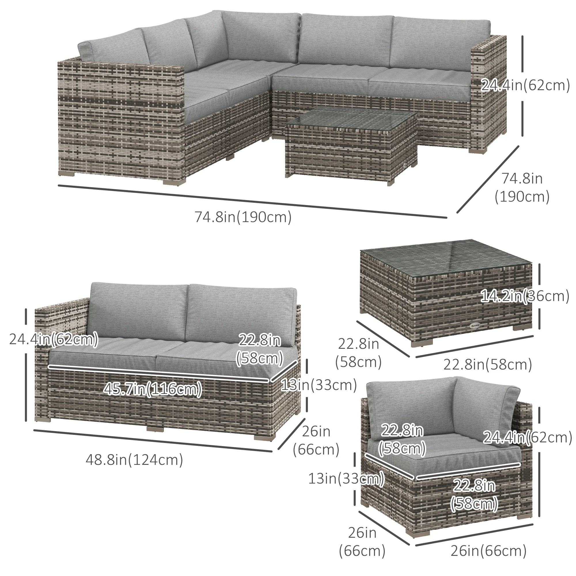 4-Piece Rattan Patio Set with Corner Sofa, Loveseats & Coffee Table, Mixed Grey - Image 5