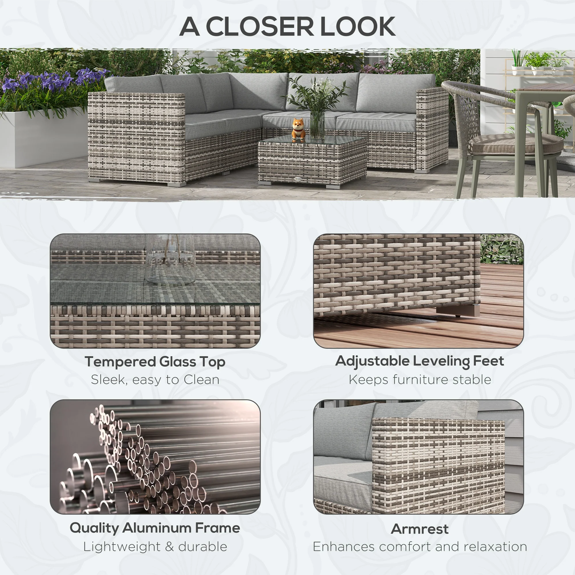 4-Piece Rattan Patio Set with Corner Sofa, Loveseats & Coffee Table, Mixed Grey - Image 8