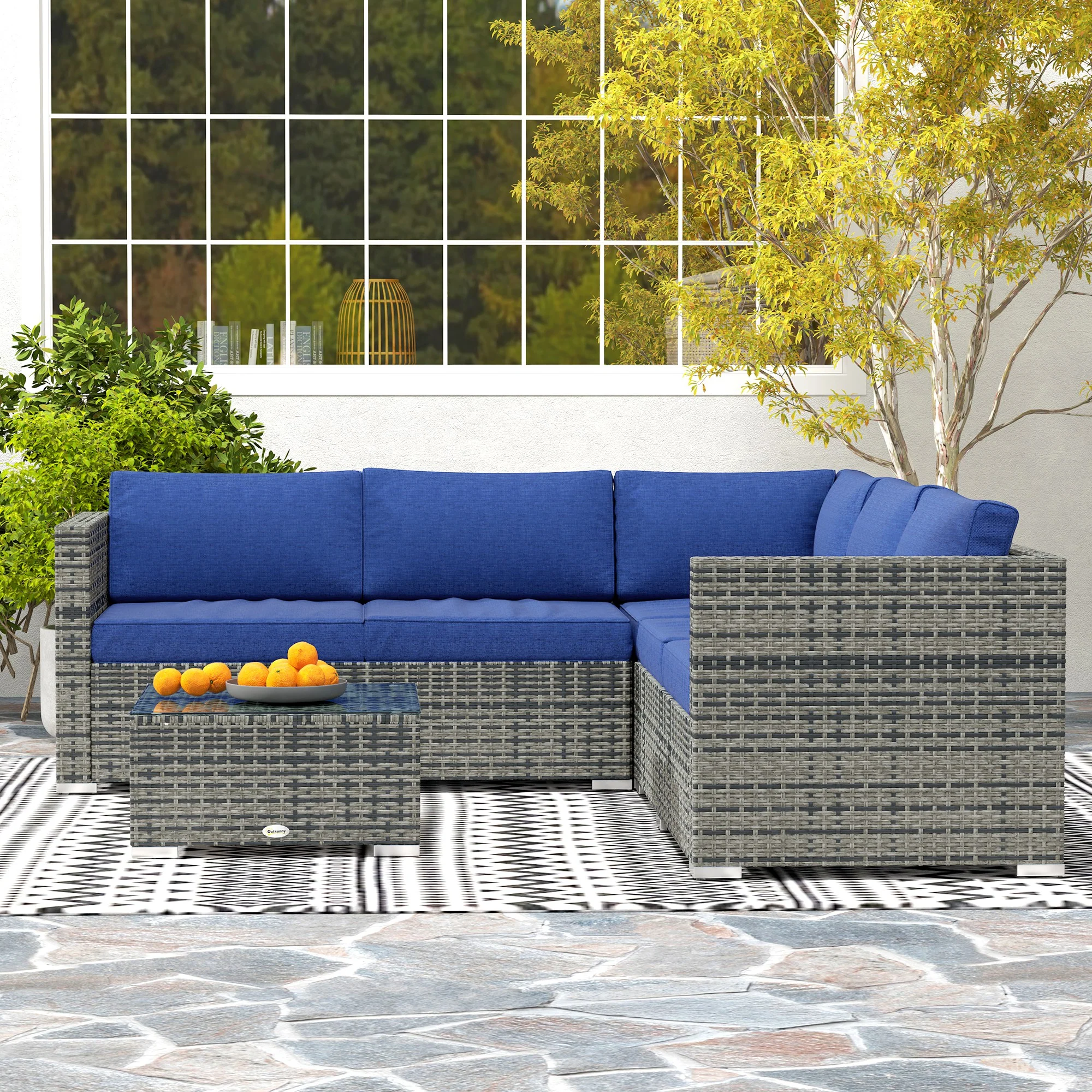 4-Piece Rattan Patio Conversation Set with Corner Sofa, 2 Loveseats & Coffee Table, Navy Blue - Image 10