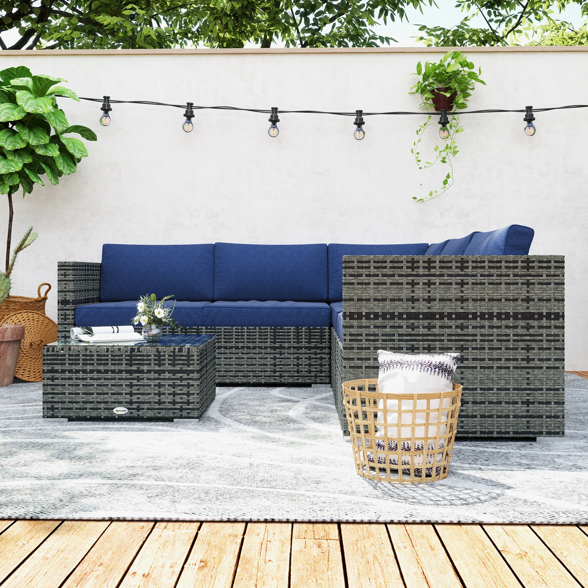 4-Piece Rattan Patio Conversation Set with Corner Sofa, 2 Loveseats & Coffee Table, Navy Blue - Image 11