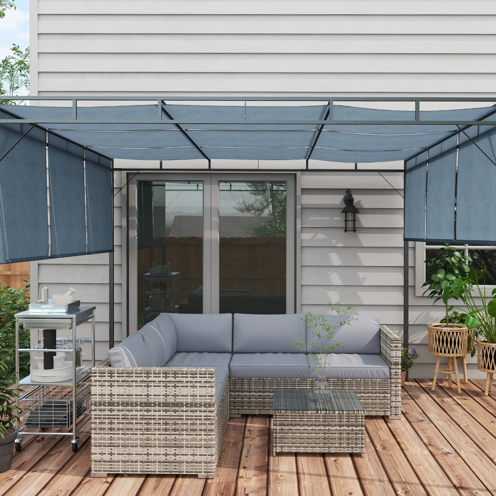 4-Piece Rattan Wicker Patio Set with Corner Sofa, 2 Loveseats & Coffee Table, Grey - Image 3