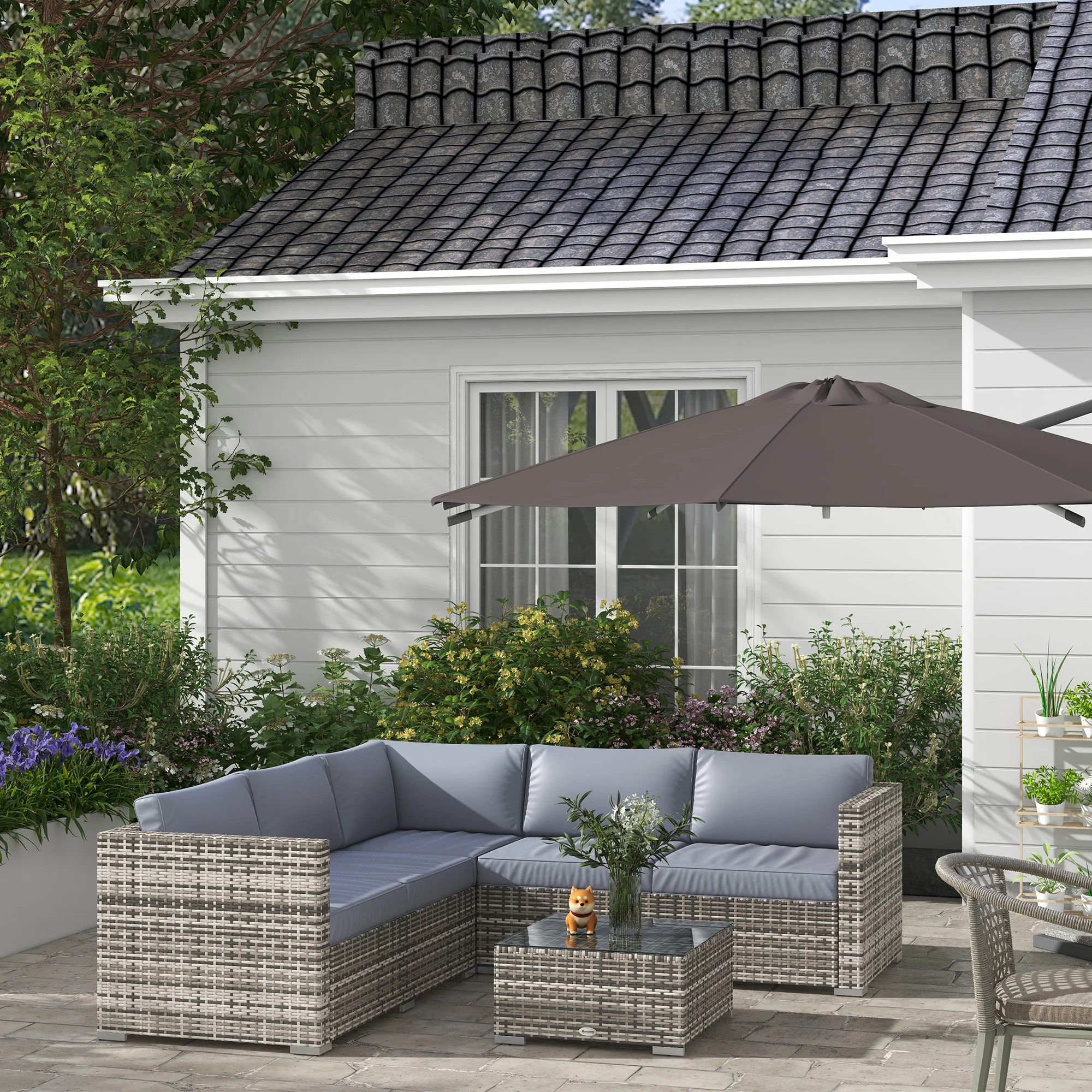 4-Piece Rattan Wicker Patio Set with Corner Sofa, 2 Loveseats & Coffee Table, Grey - Image 4