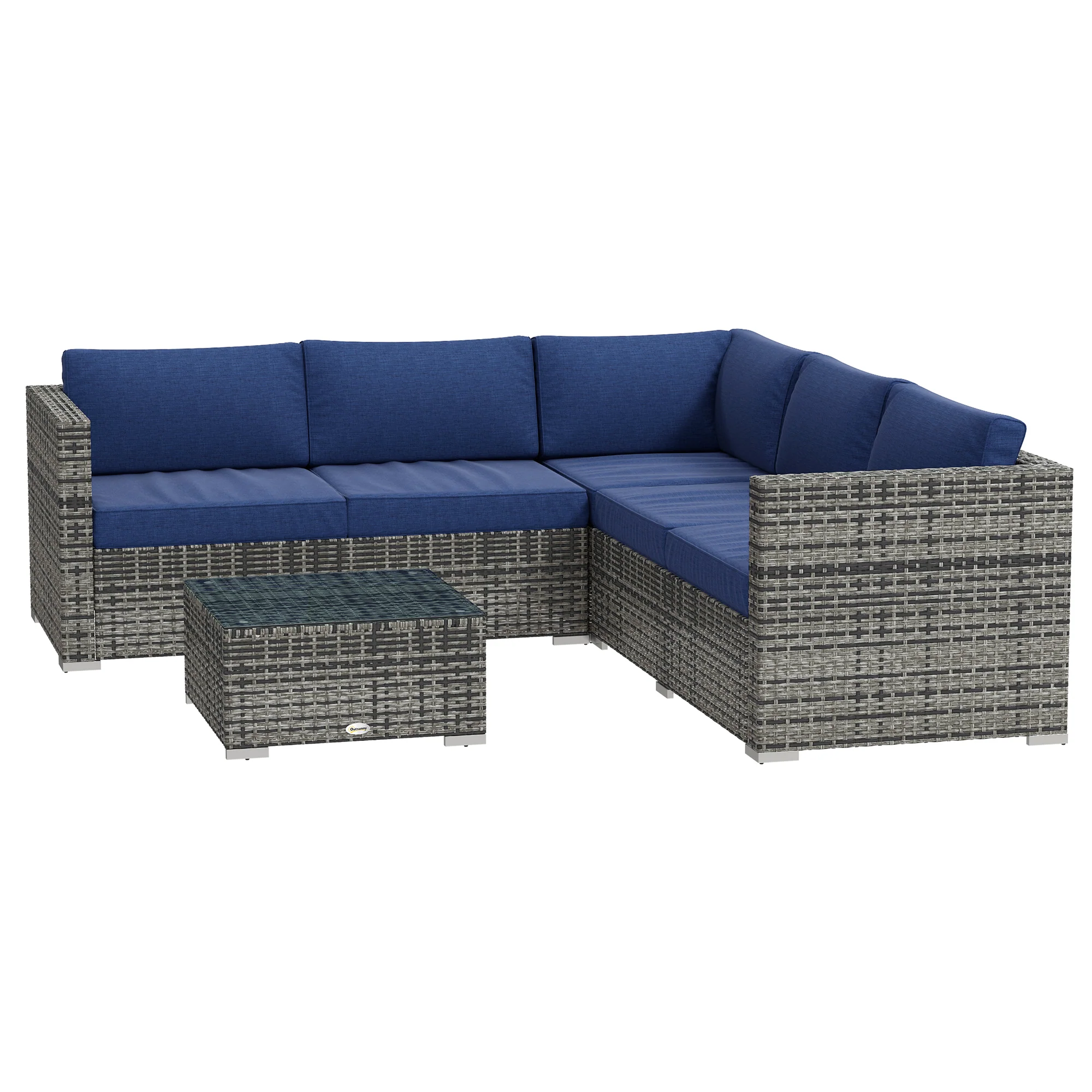 4-Piece Rattan Patio Conversation Set with Corner Sofa, 2 Loveseats & Coffee Table, Navy Blue - Image 2