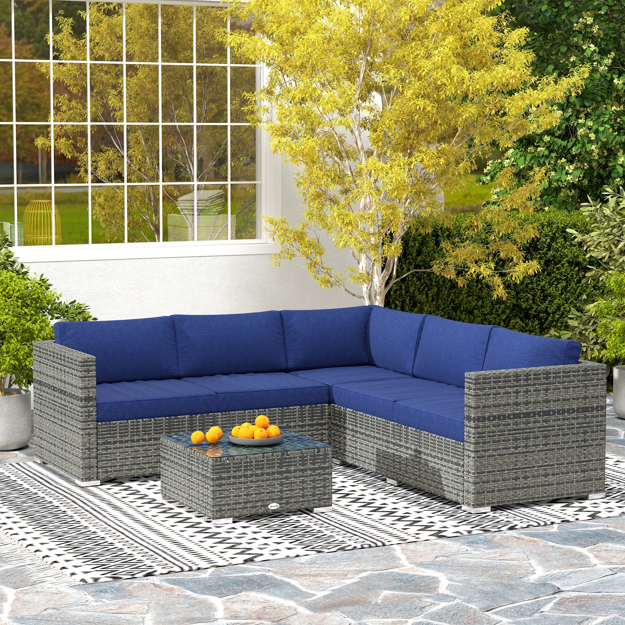 4-Piece Rattan Patio Conversation Set with Corner Sofa, 2 Loveseats & Coffee Table, Navy Blue - Image 3