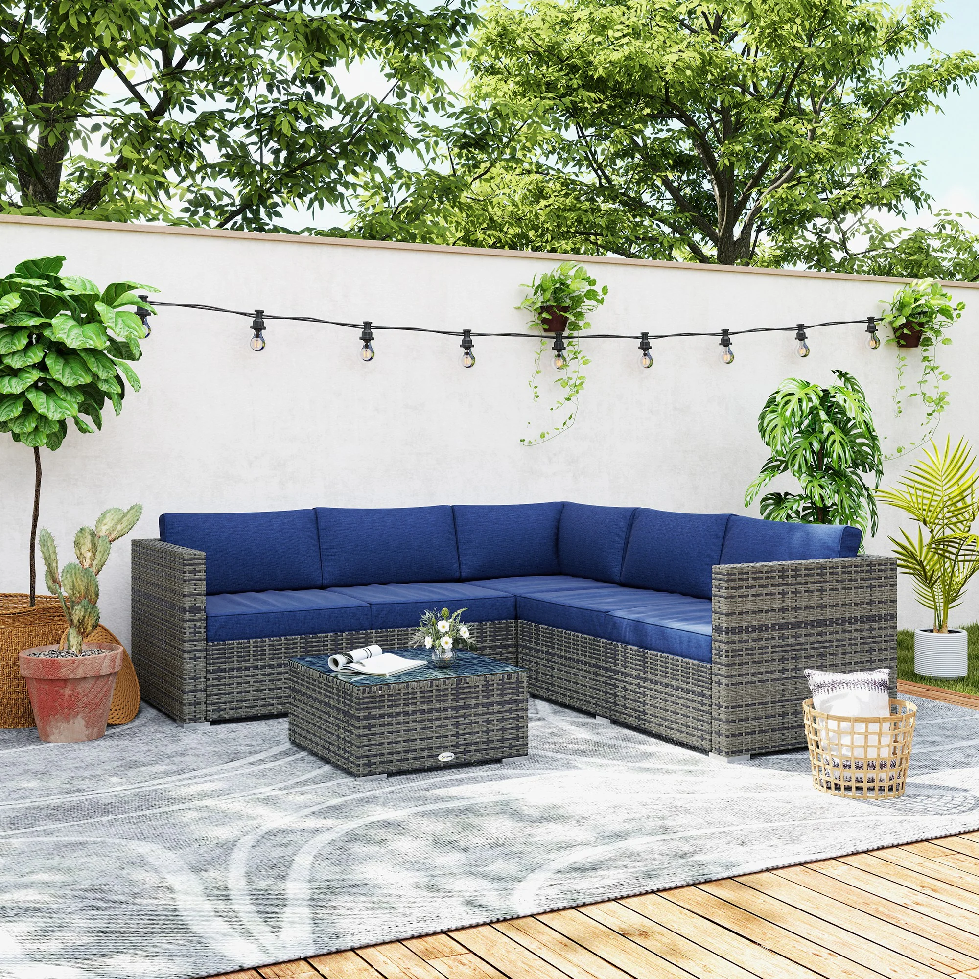 4-Piece Rattan Patio Conversation Set with Corner Sofa, 2 Loveseats & Coffee Table, Navy Blue - Image 4